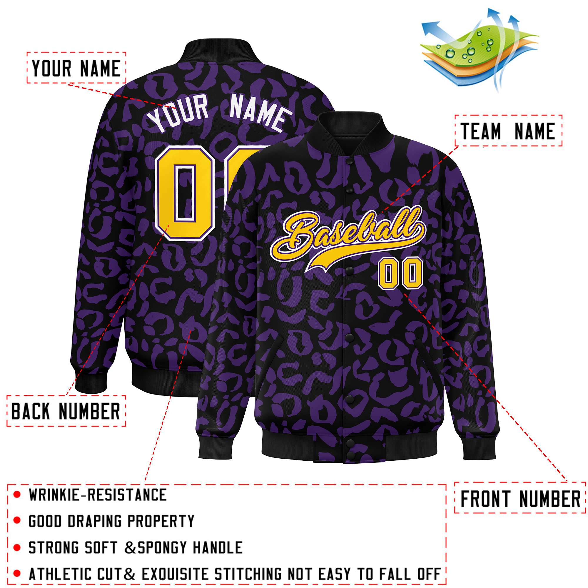 Custom Black Purple Varsity Full-Snap Leopard Print Graffiti Pattern Letterman Baseball Jacket