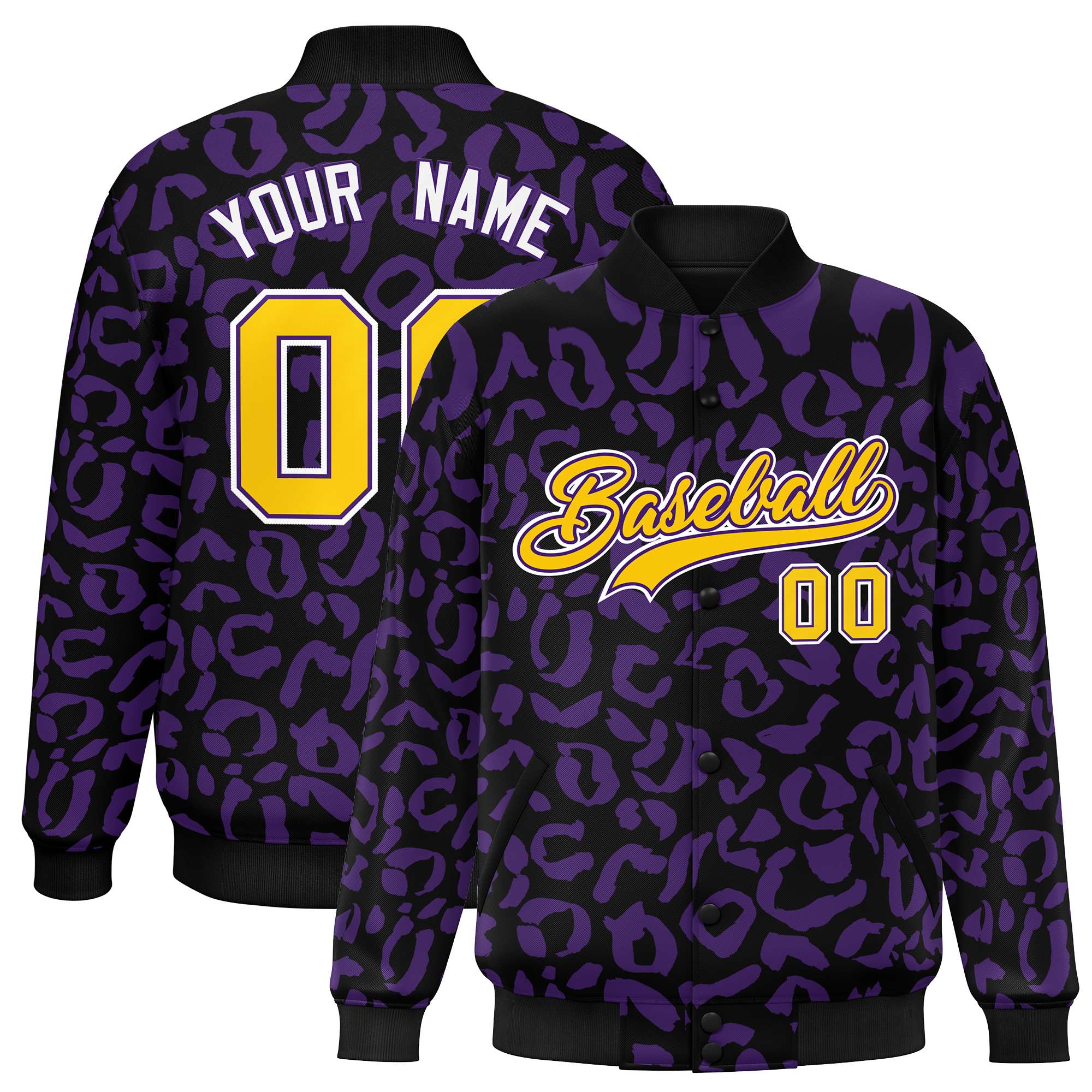 Custom Black Purple Varsity Full-Snap Leopard Print Graffiti Pattern Letterman Baseball Jacket