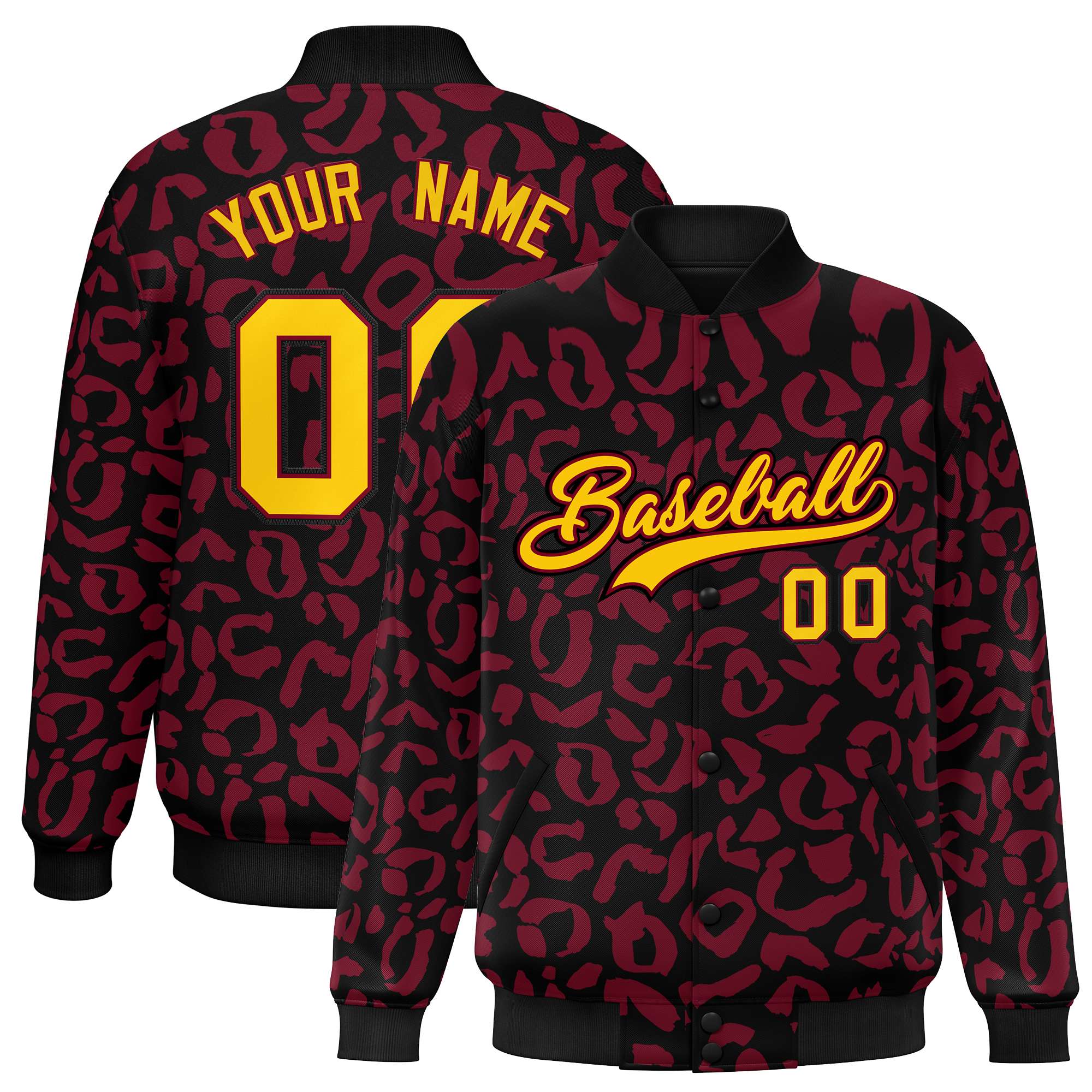 Custom Black Crimson Varsity Full-Snap Leopard Print Graffiti Pattern Letterman Baseball Jacket