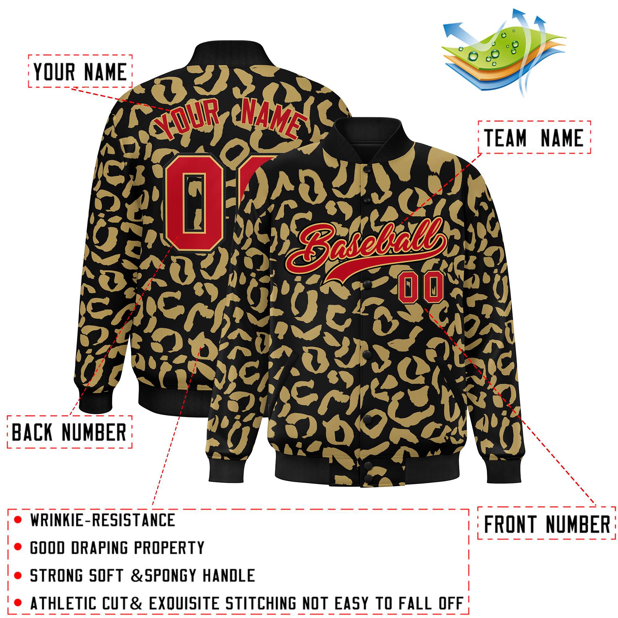 Custom Black Old Gold Varsity Full-Snap Leopard Print Graffiti Pattern Letterman Baseball Jacket