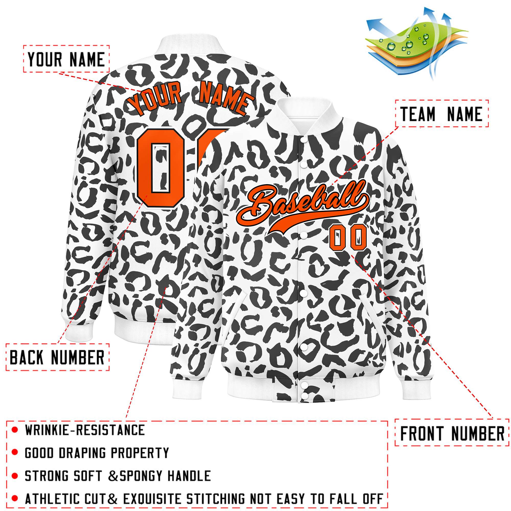 Custom White Black Varsity Full-Snap Leopard Print Graffiti Pattern Letterman Baseball Jacket