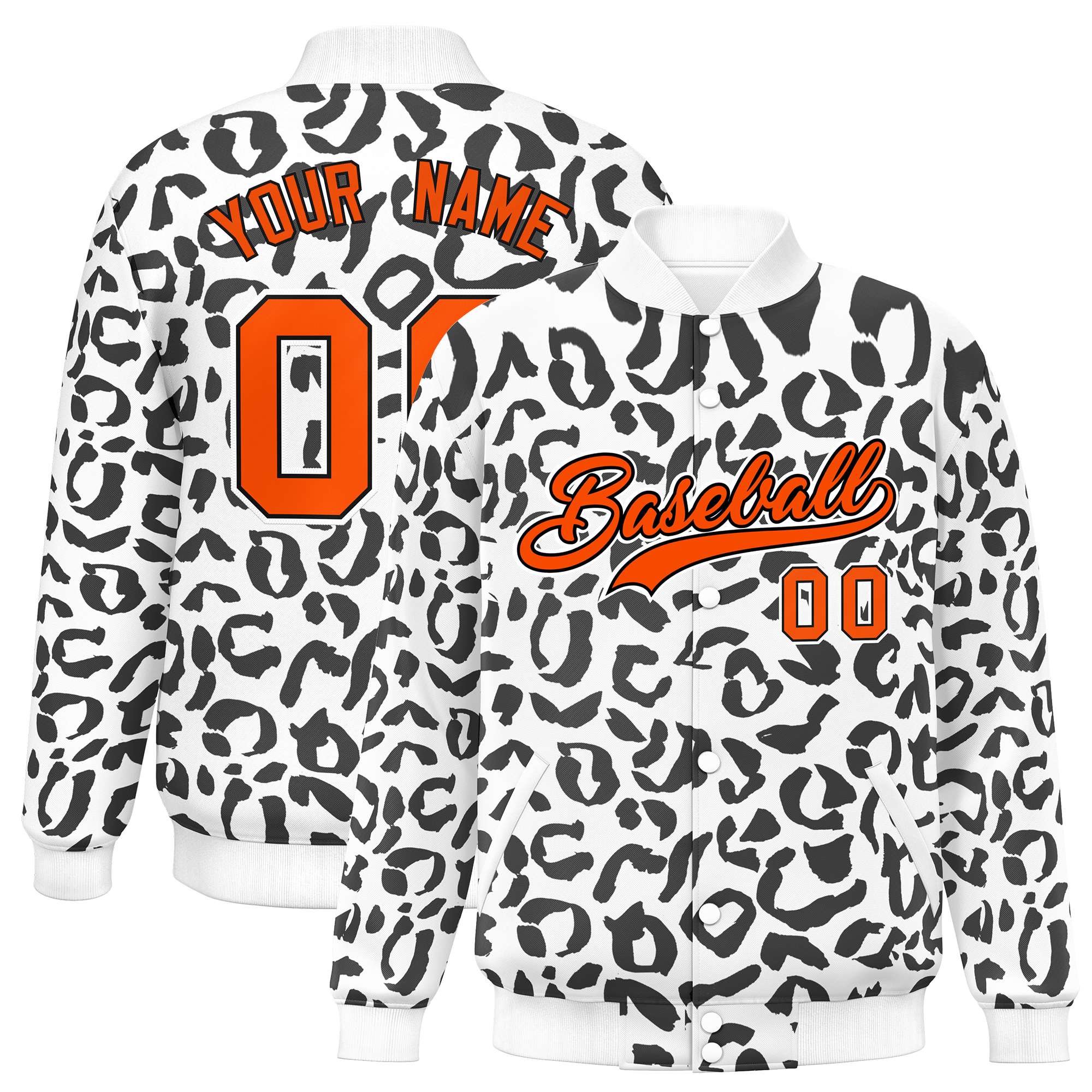 Custom White Black Varsity Full-Snap Leopard Print Graffiti Pattern Letterman Baseball Jacket