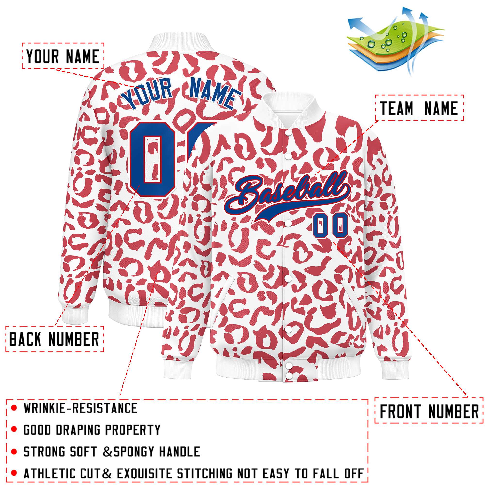 Custom White Red Varsity Full-Snap Leopard Print Graffiti Pattern Letterman Baseball Jacket