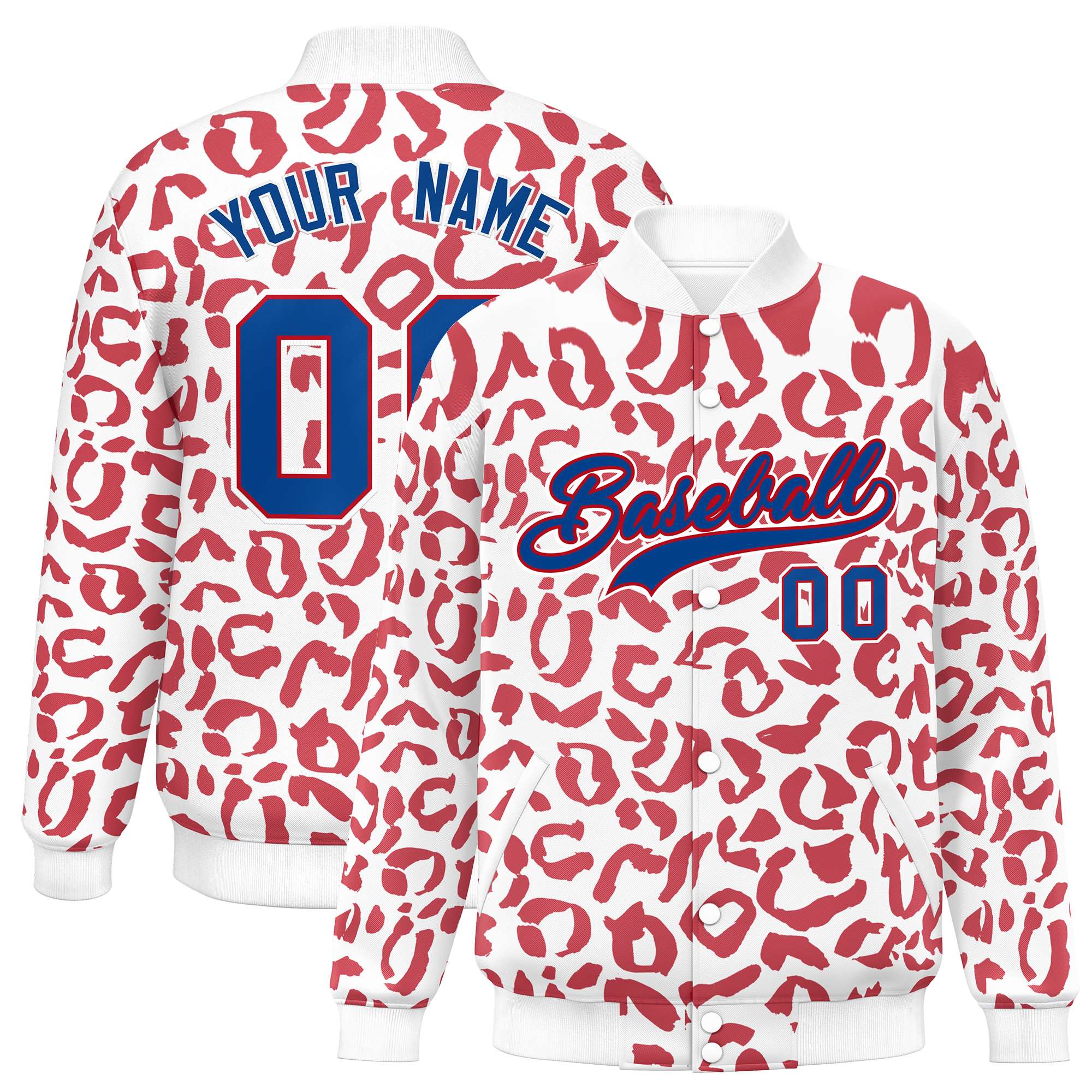 Custom White Red Varsity Full-Snap Leopard Print Graffiti Pattern Letterman Baseball Jacket