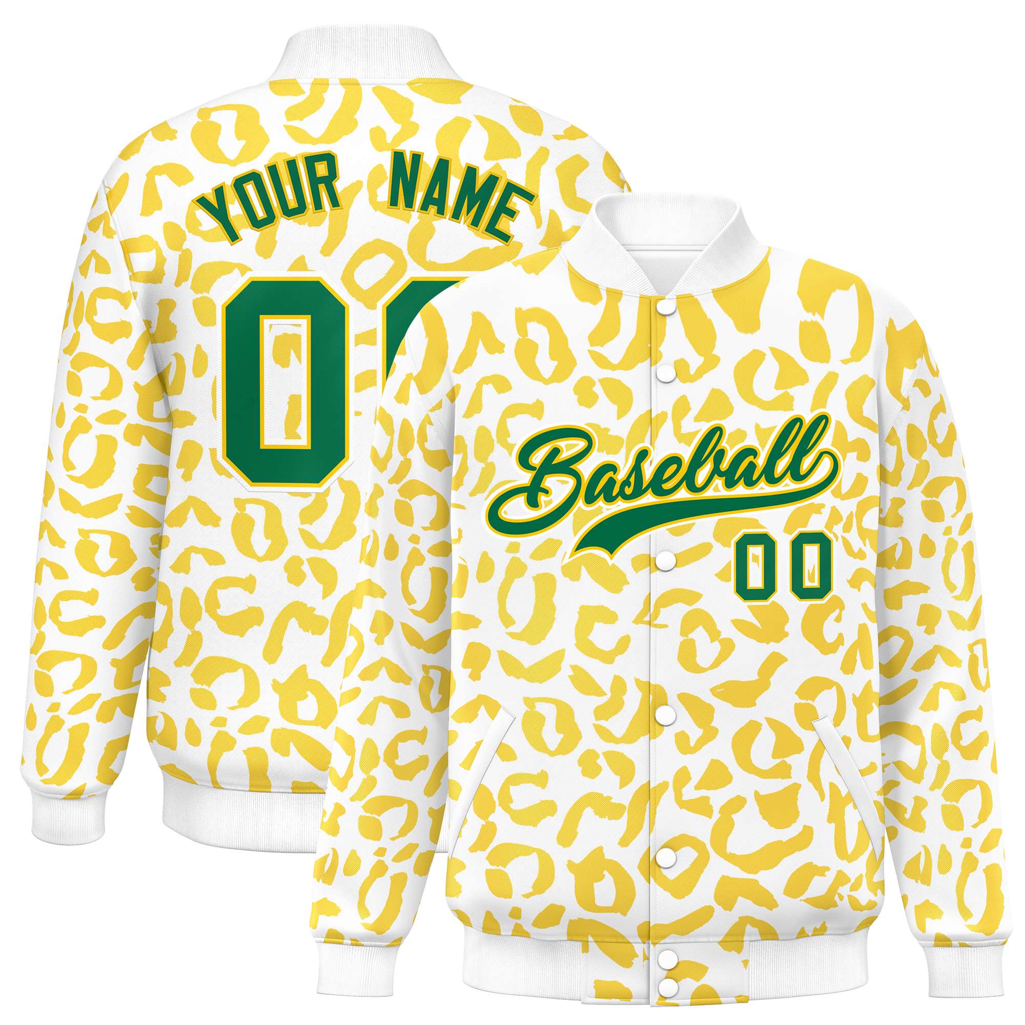 Custom White Gold Varsity Full-Snap Leopard Print Graffiti Pattern Letterman Baseball Jacket