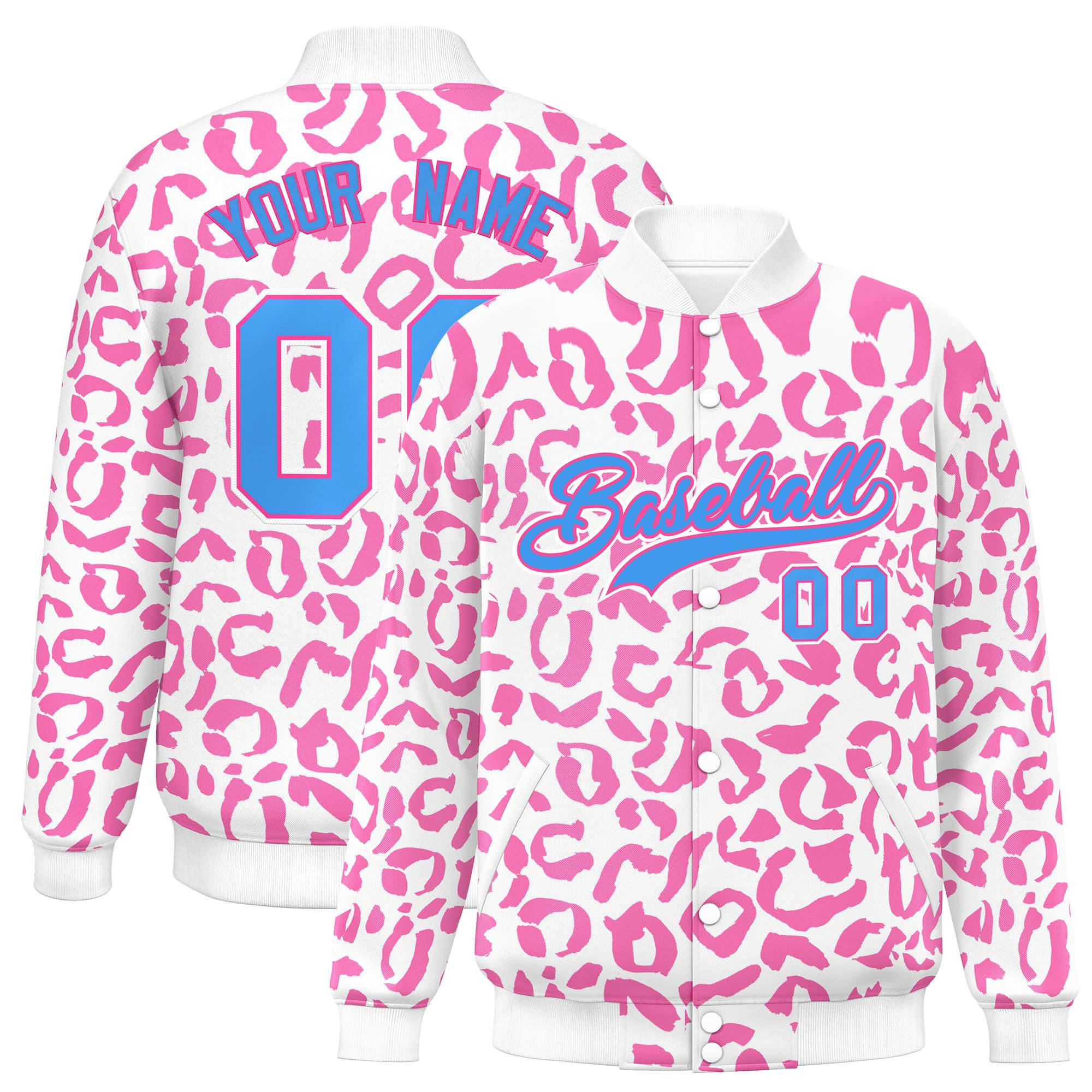 Custom White Pink Varsity Full-Snap Leopard Print Graffiti Pattern Letterman Baseball Jacket