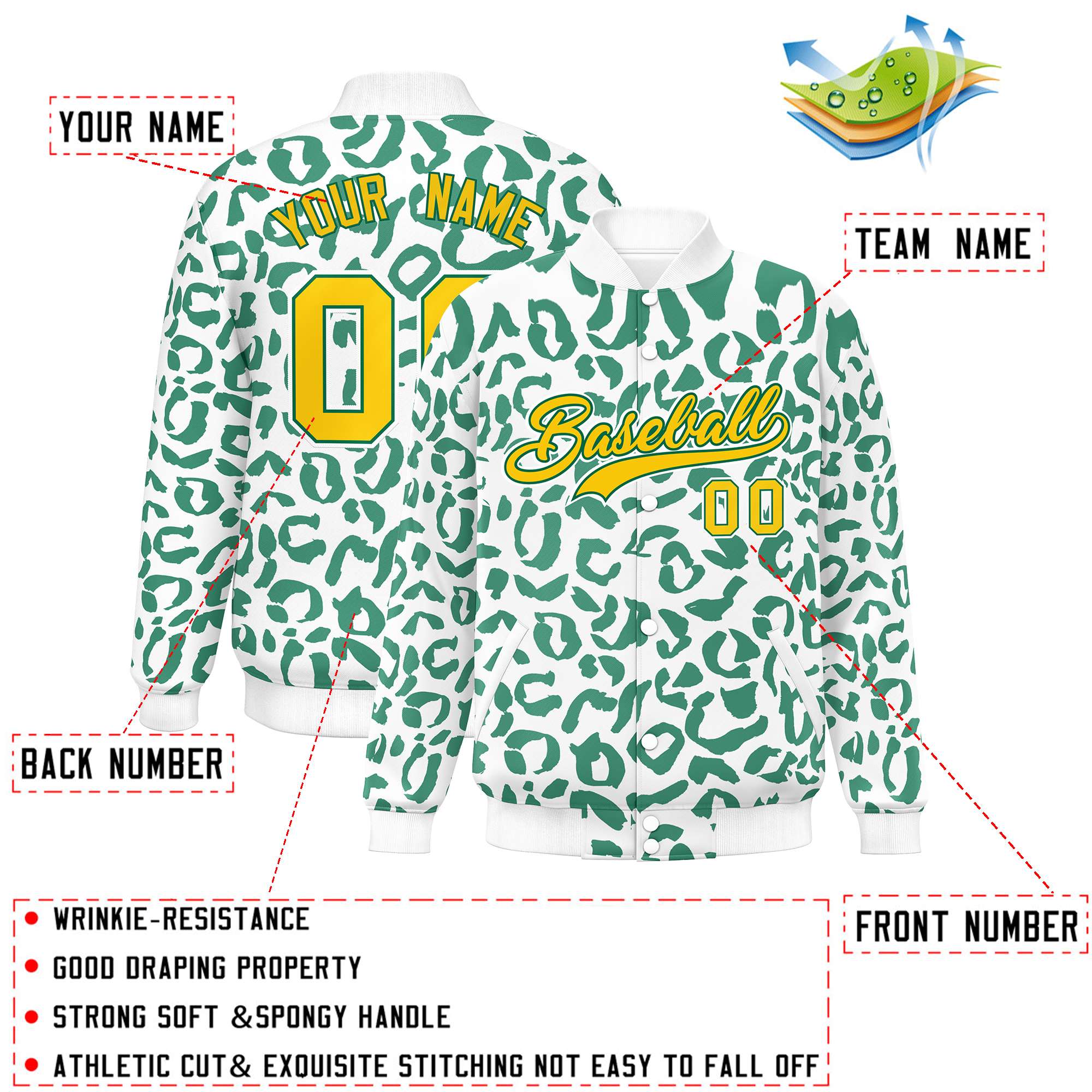 Custom White Kelly Green Varsity Full-Snap Leopard Print Graffiti Pattern Letterman Baseball Jacket