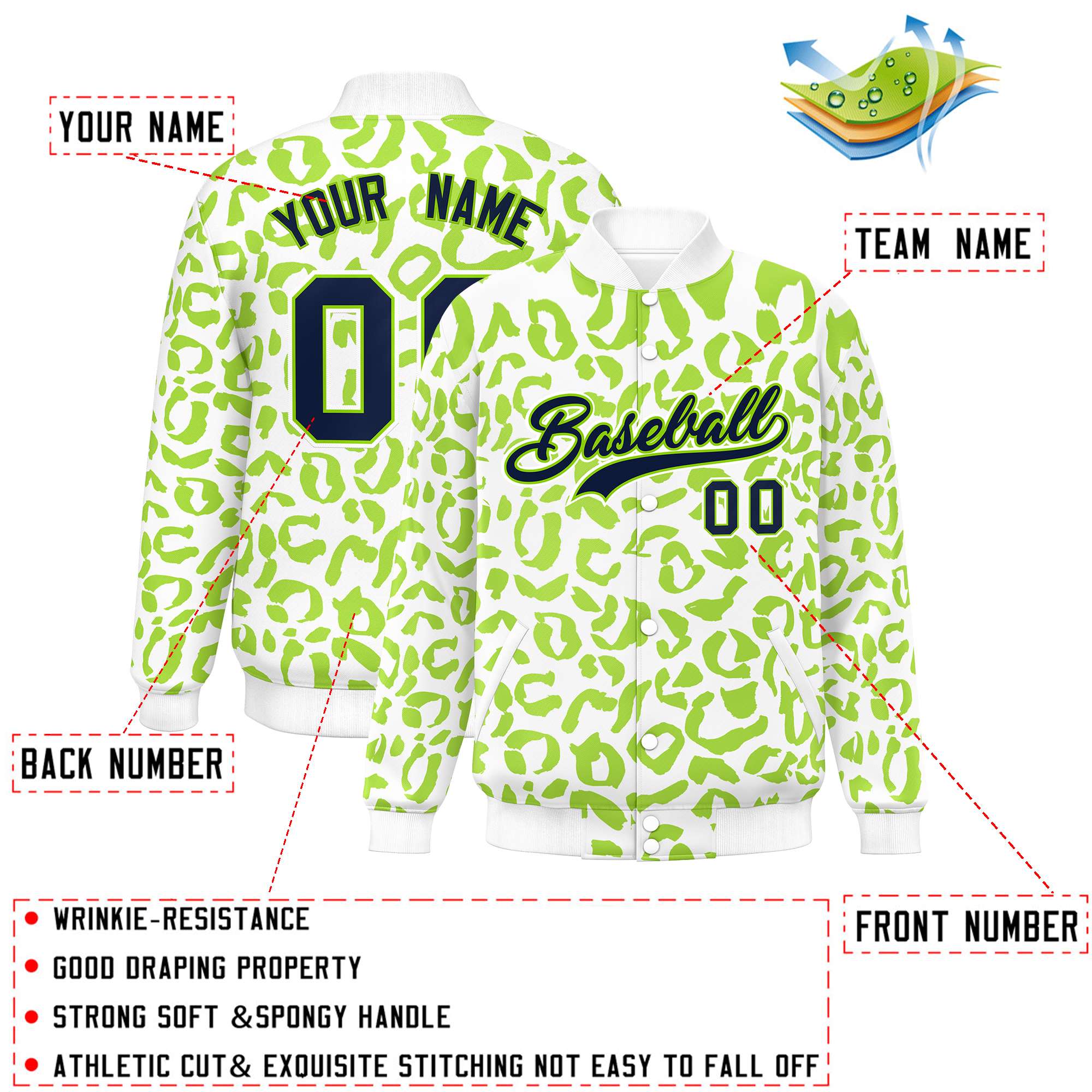 Custom White Neon Green Varsity Full-Snap Leopard Print Graffiti Pattern Letterman Baseball Jacket