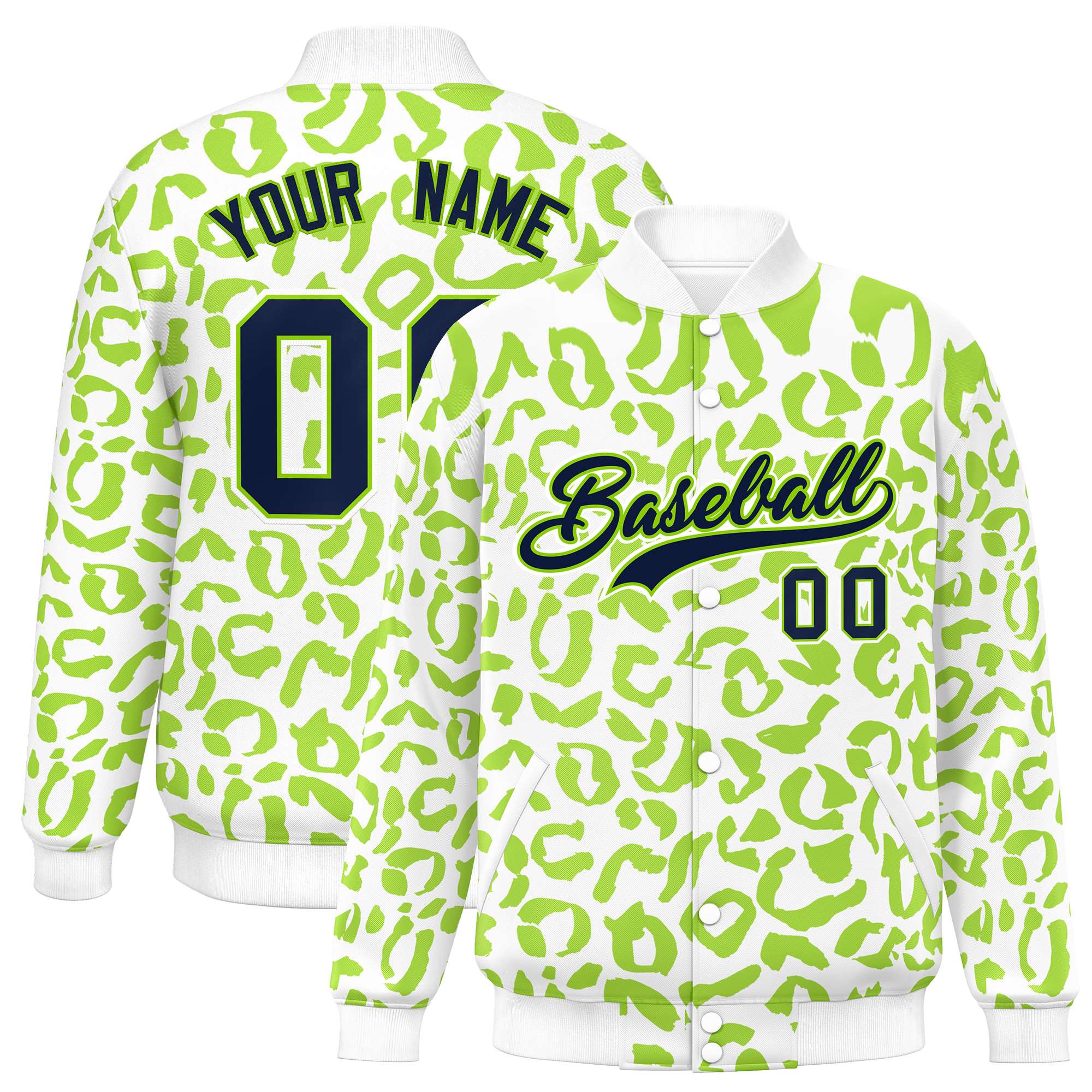 Custom White Neon Green Varsity Full-Snap Leopard Print Graffiti Pattern Letterman Baseball Jacket