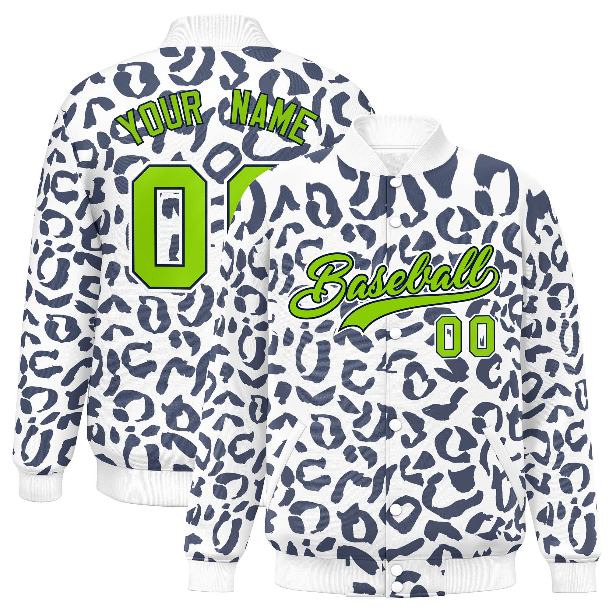 Custom White Navy Varsity Full-Snap Leopard Print Graffiti Pattern Letterman Baseball Jacket