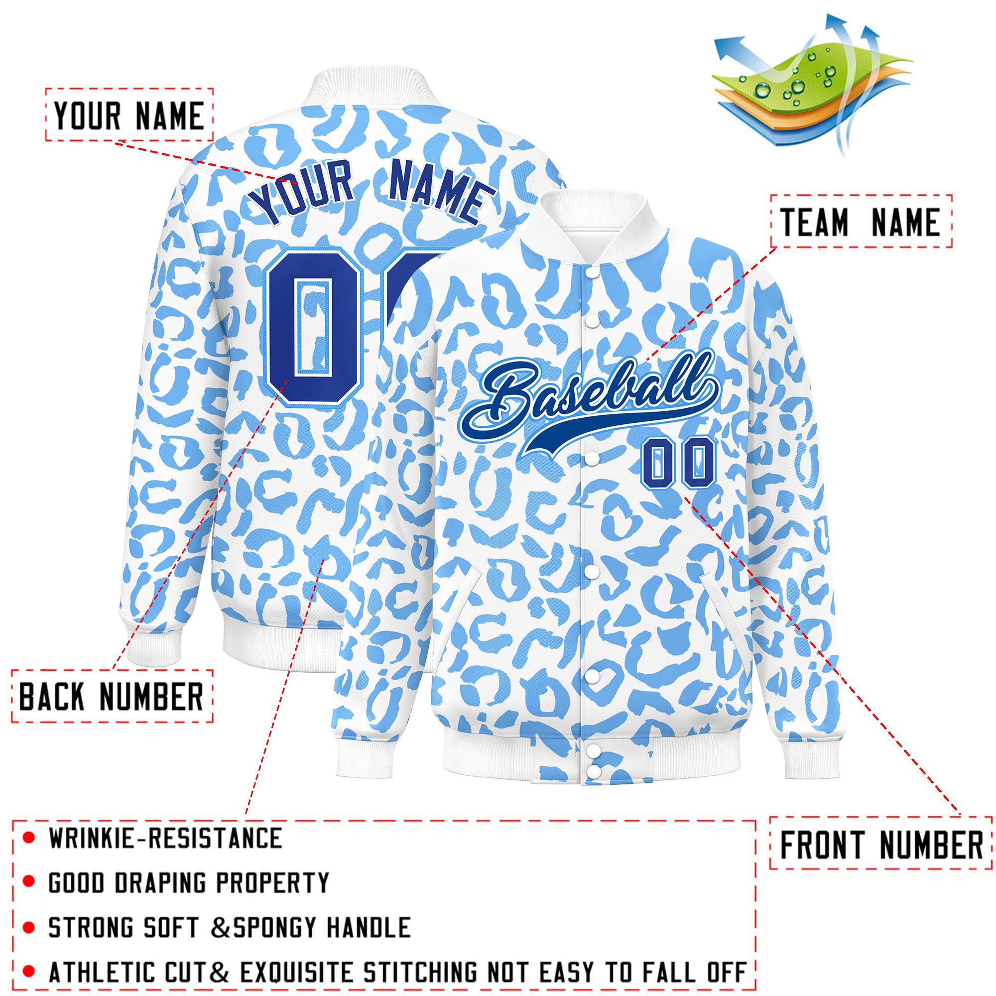 Custom White Powder Blue Varsity Full-Snap Leopard Print Graffiti Pattern Letterman Baseball Jacket