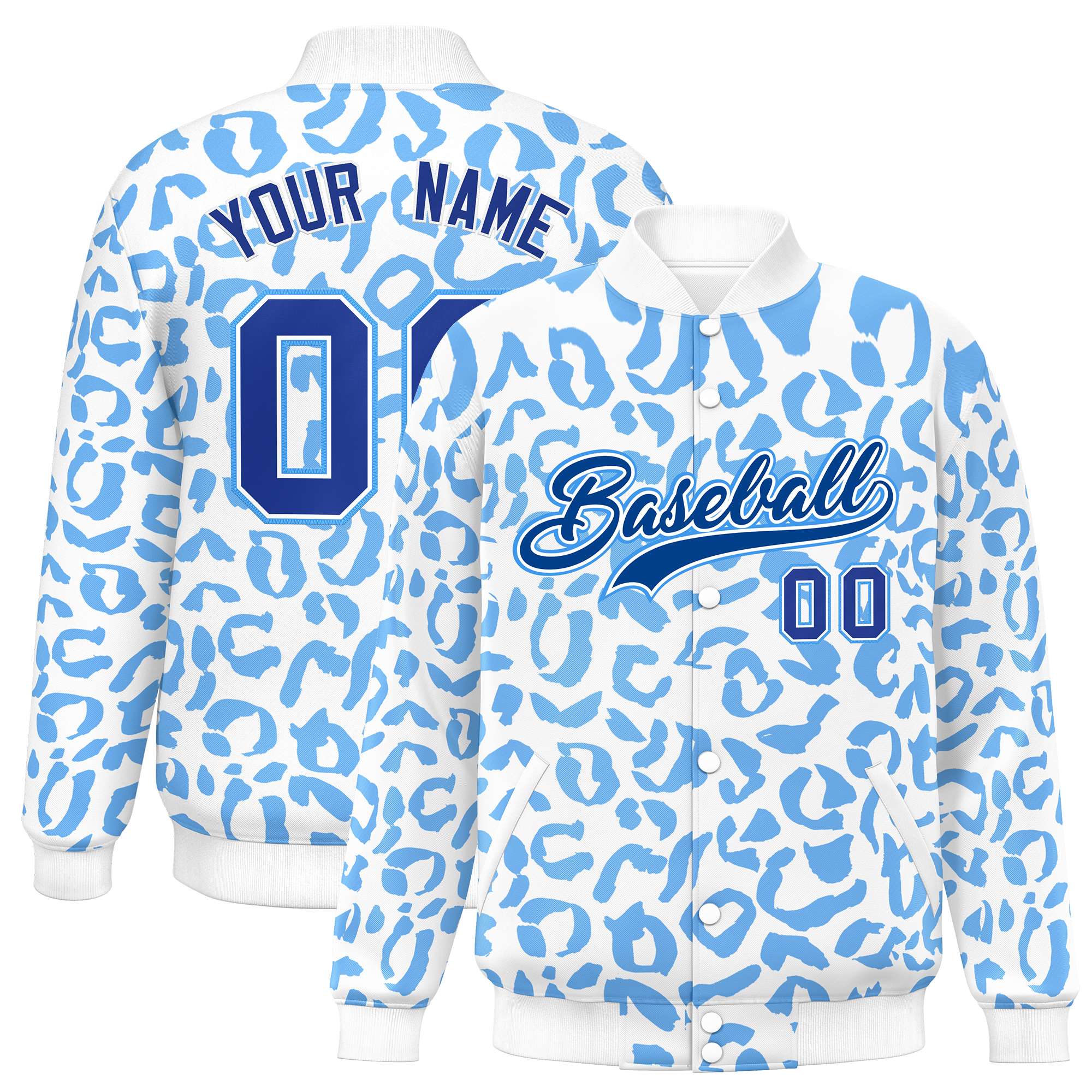 Custom White Powder Blue Varsity Full-Snap Leopard Print Graffiti Pattern Letterman Baseball Jacket