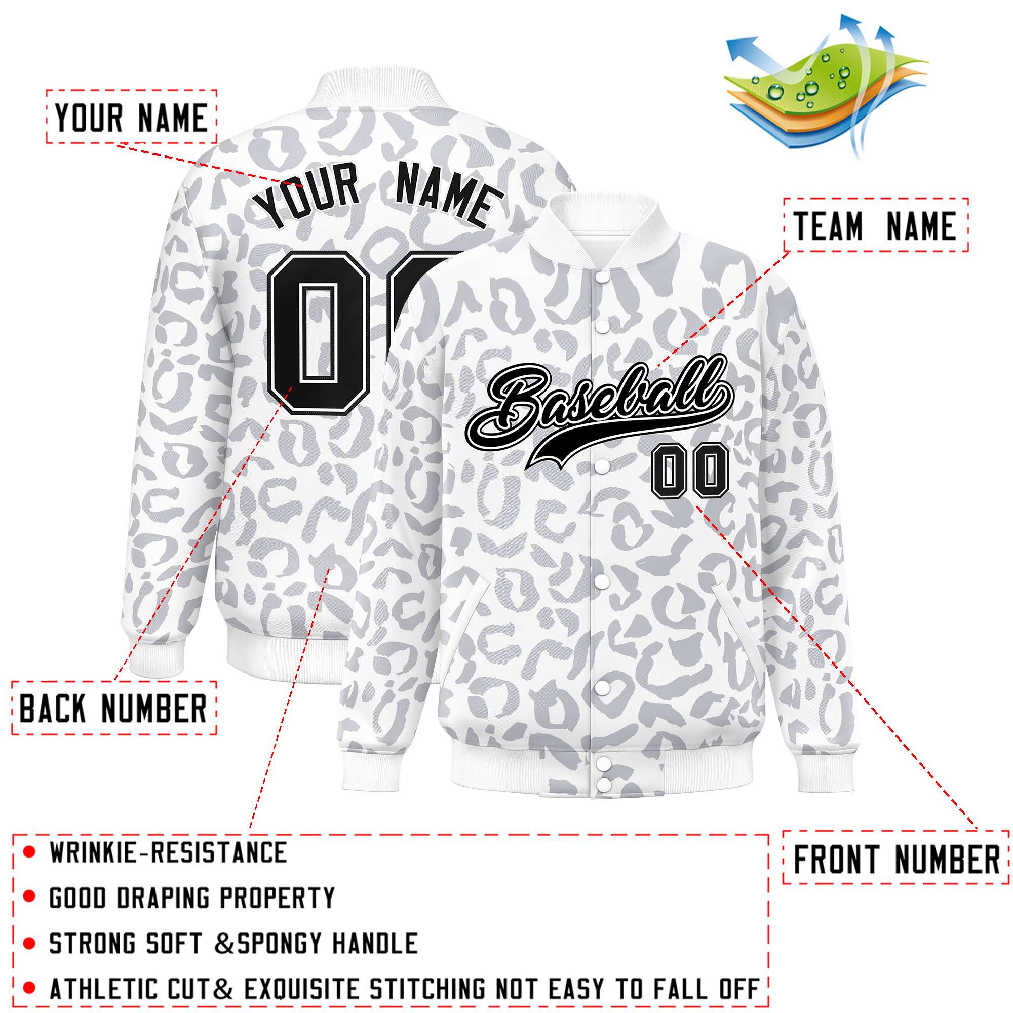 Custom White Gray Varsity Full-Snap Leopard Print Graffiti Pattern Letterman Baseball Jacket