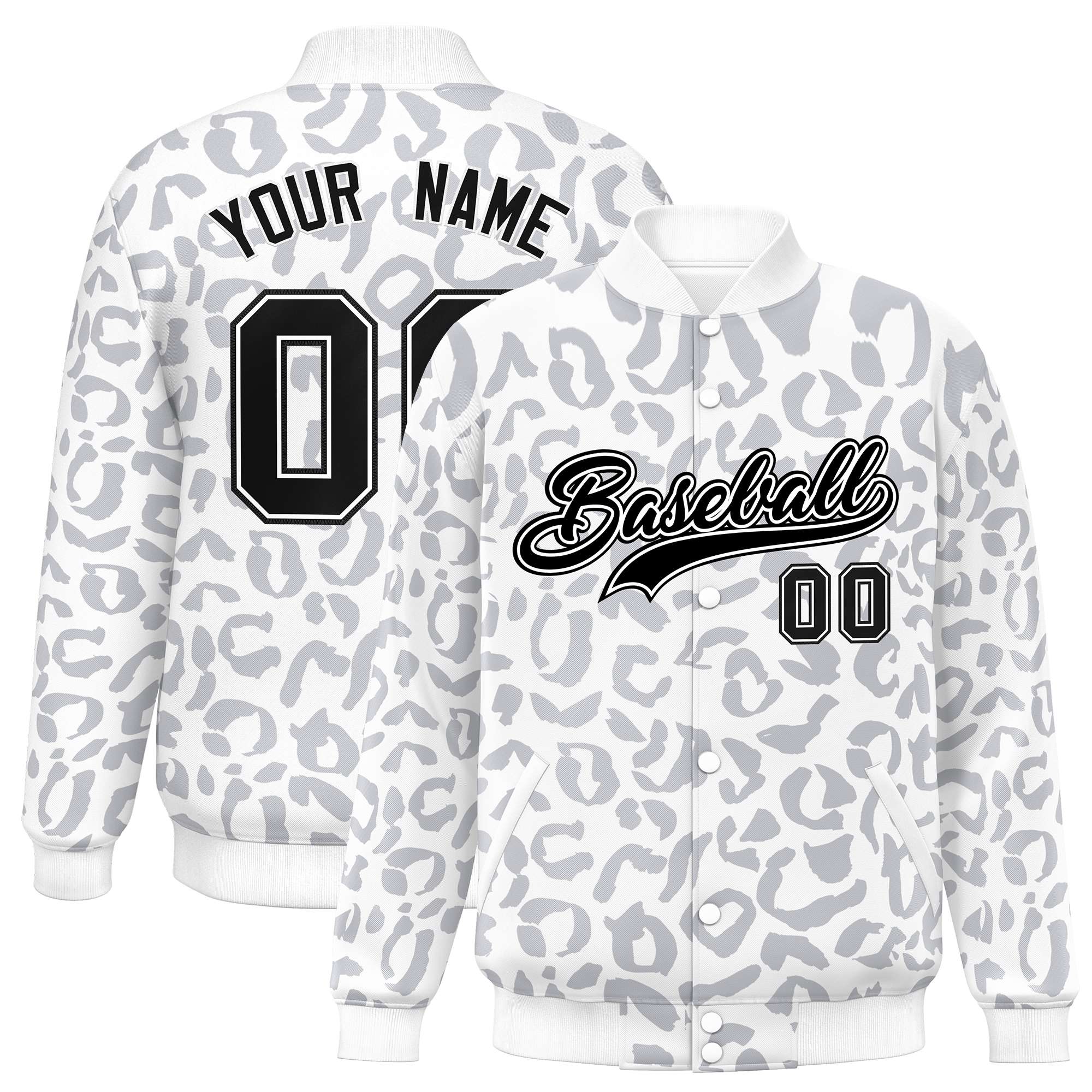 Custom White Gray Varsity Full-Snap Leopard Print Graffiti Pattern Letterman Baseball Jacket