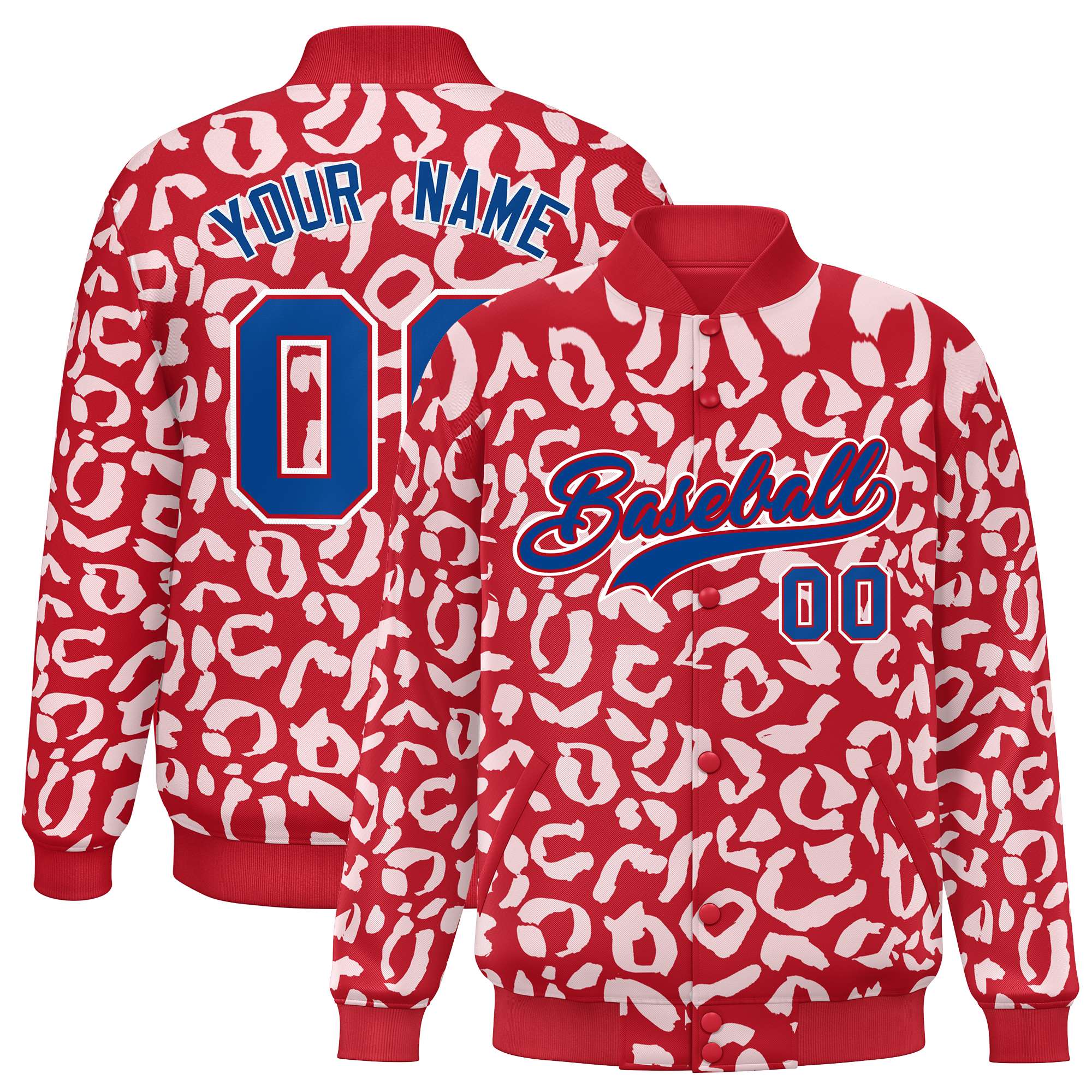 Custom Red White Varsity Full-Snap Leopard Print Graffiti Pattern Letterman Baseball Jacket