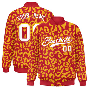 Custom Red Gold Varsity Full-Snap Leopard Print Graffiti Pattern Letterman Baseball Jacket