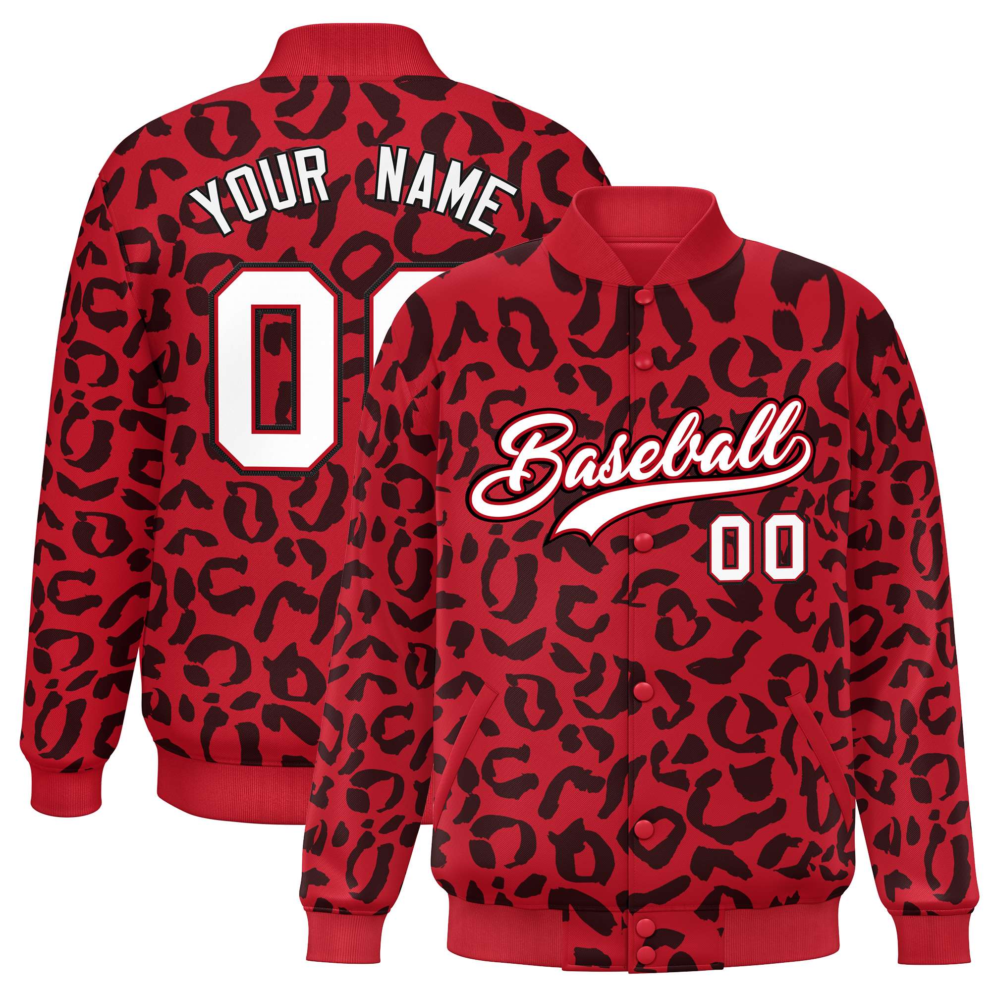 Custom Red Black Varsity Full-Snap Leopard Print Graffiti Pattern Letterman Baseball Jacket