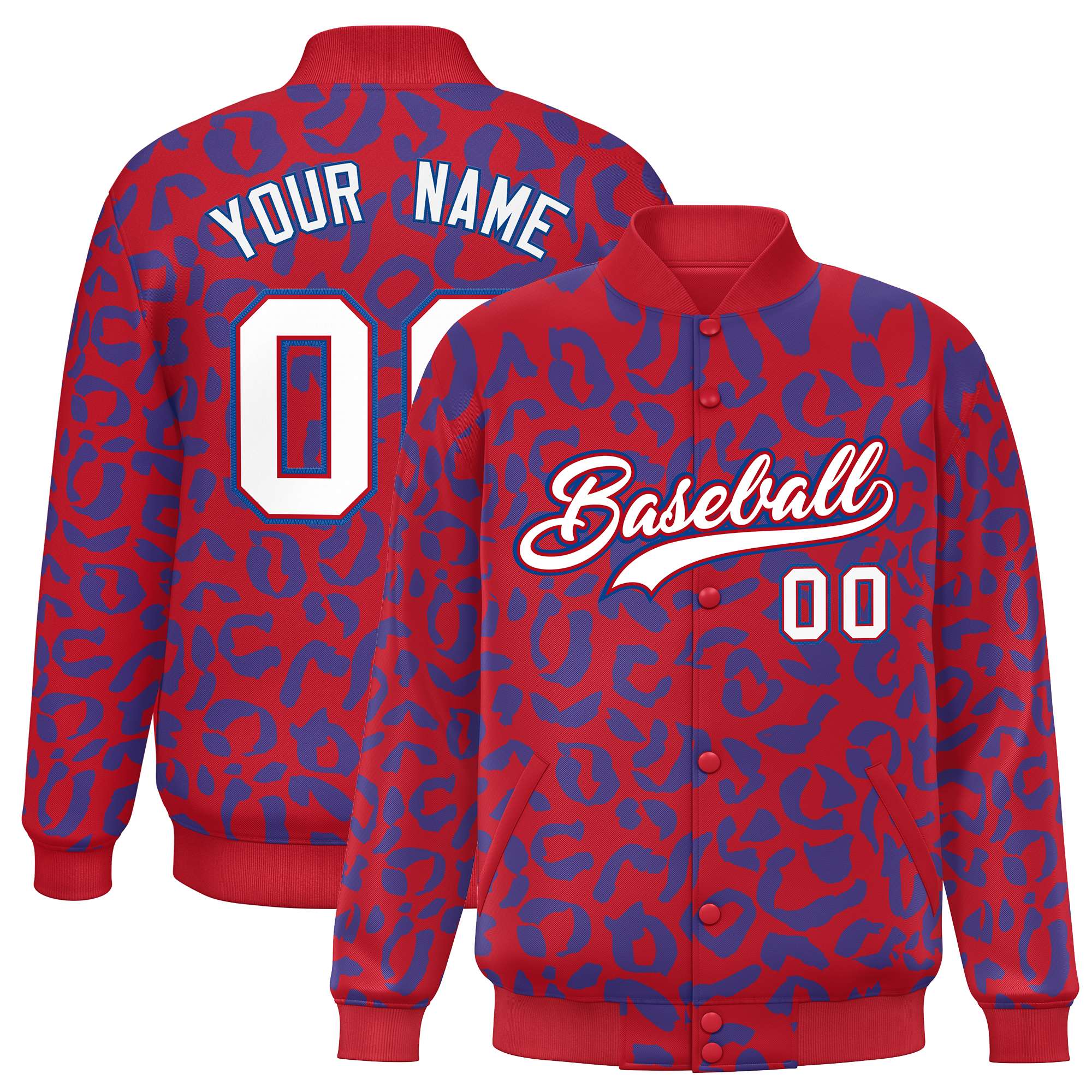 Custom Red Royal Varsity Full-Snap Leopard Print Graffiti Pattern Letterman Baseball Jacket