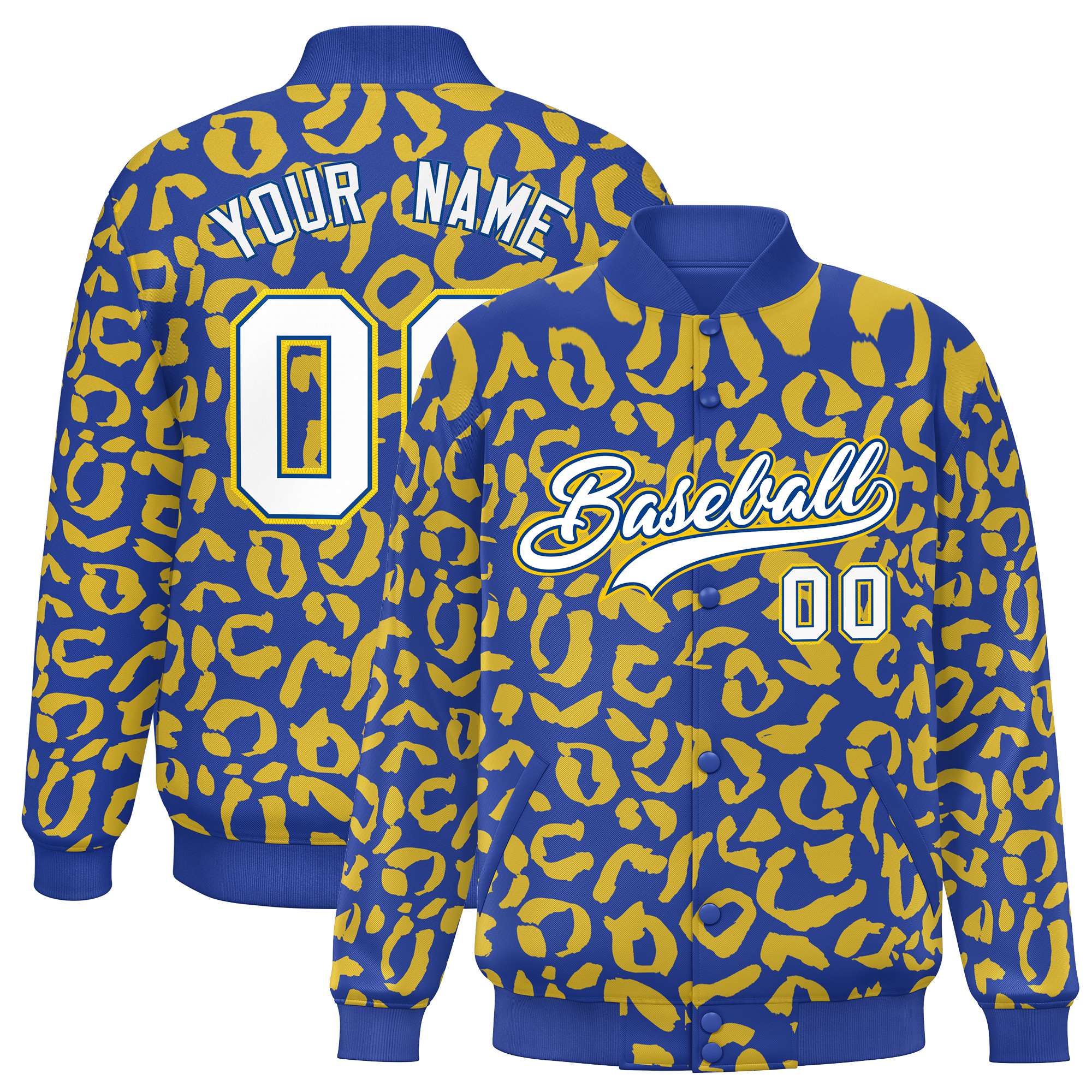 Custom Royal Gold Varsity Full-Snap Leopard Print Graffiti Pattern Letterman Baseball Jacket