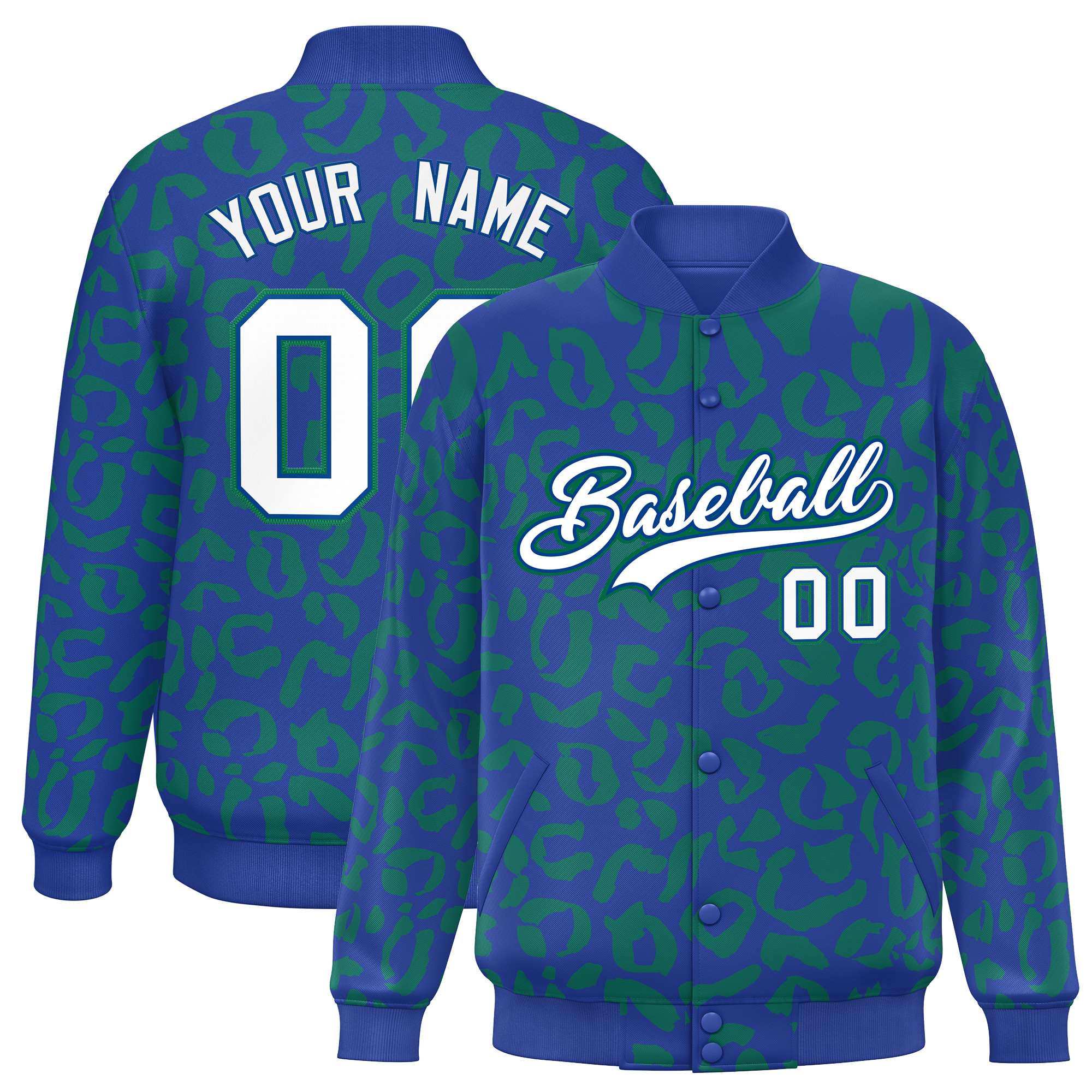 Custom Royal Kelly Green Varsity Full-Snap Leopard Print Graffiti Pattern Letterman Baseball Jacket