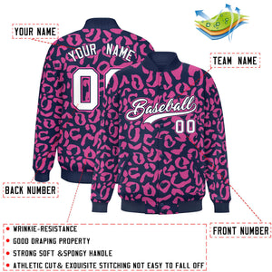 Custom Navy Pink Varsity Full-Snap Leopard Print Graffiti Pattern Letterman Baseball Jacket