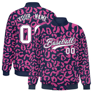 Custom Navy Pink Varsity Full-Snap Leopard Print Graffiti Pattern Letterman Baseball Jacket