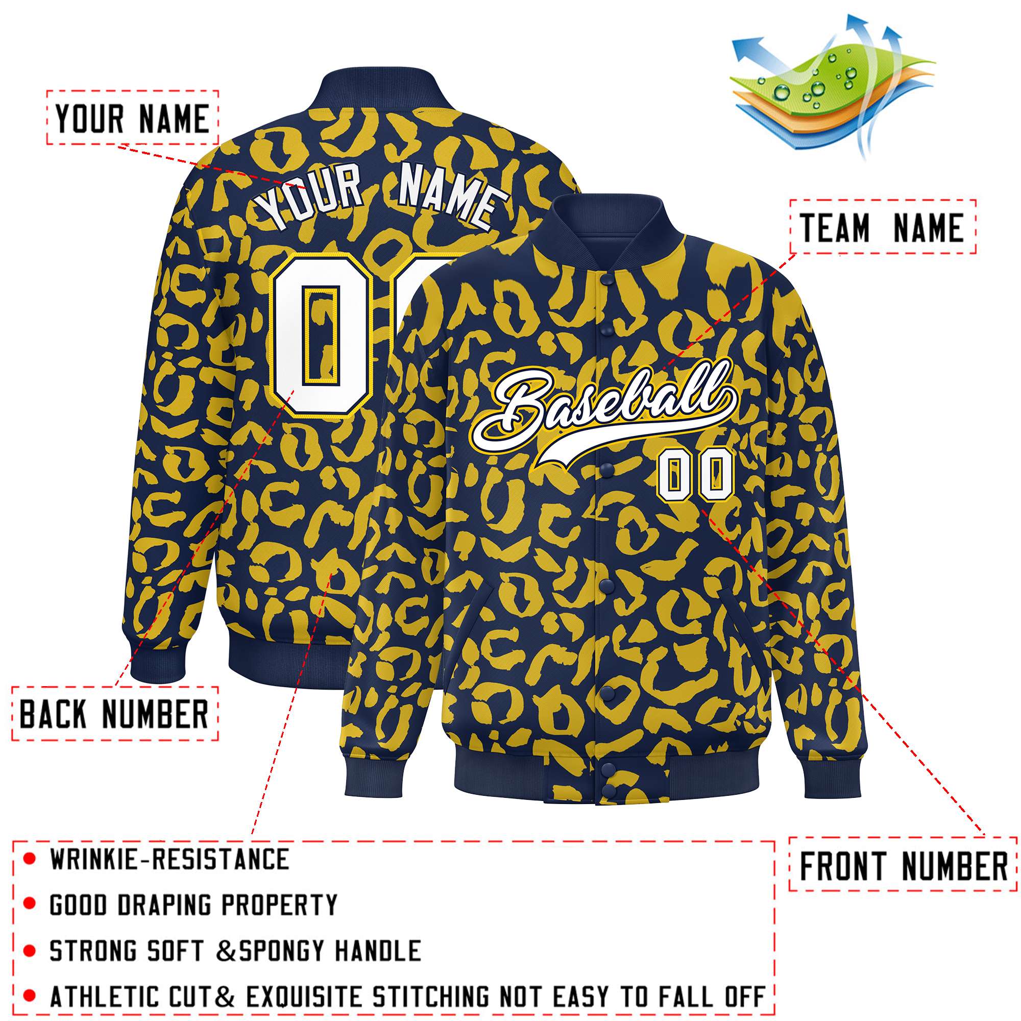 Custom Navy Gold Varsity Full-Snap Leopard Print Graffiti Pattern Letterman Baseball Jacket