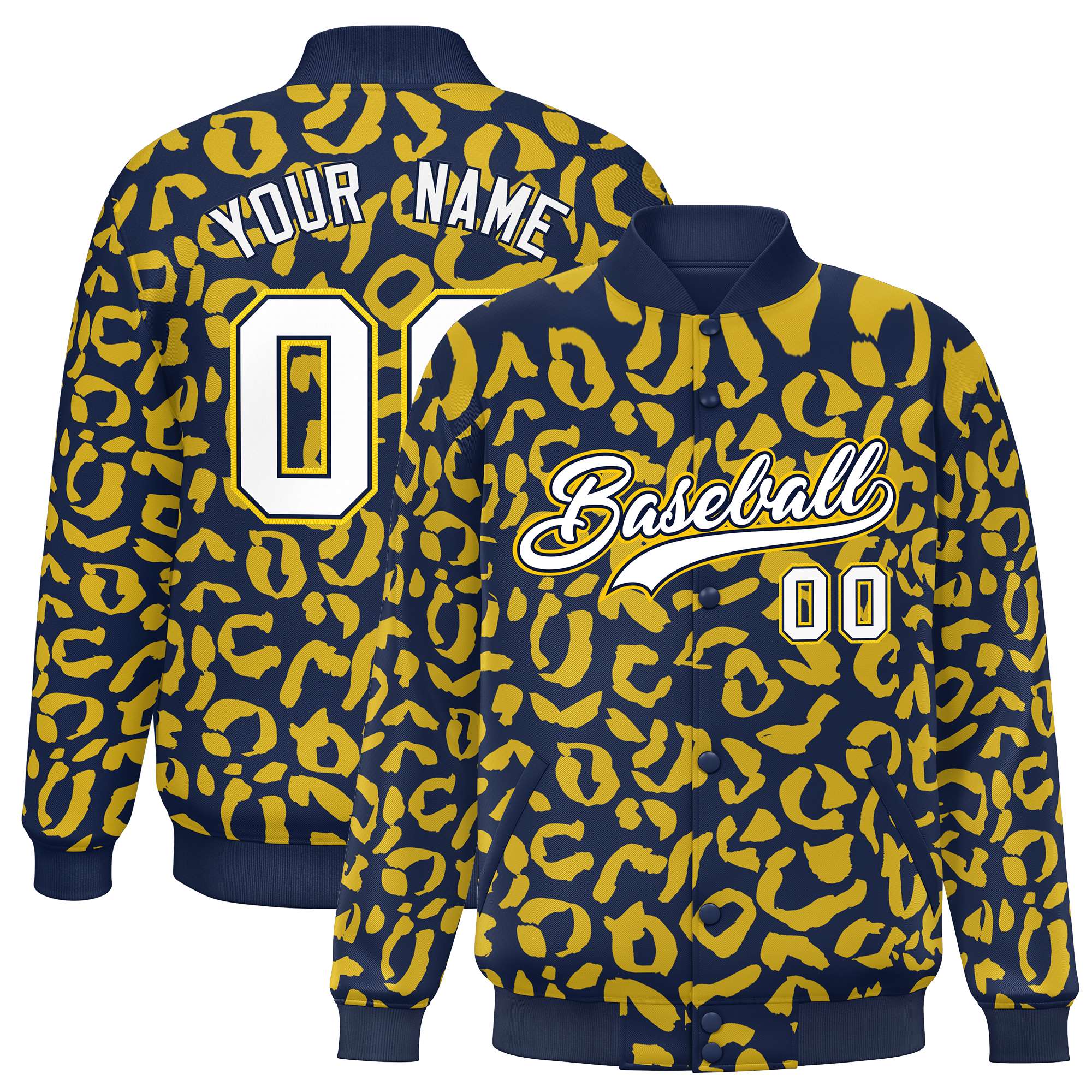 Custom Navy Gold Varsity Full-Snap Leopard Print Graffiti Pattern Letterman Baseball Jacket