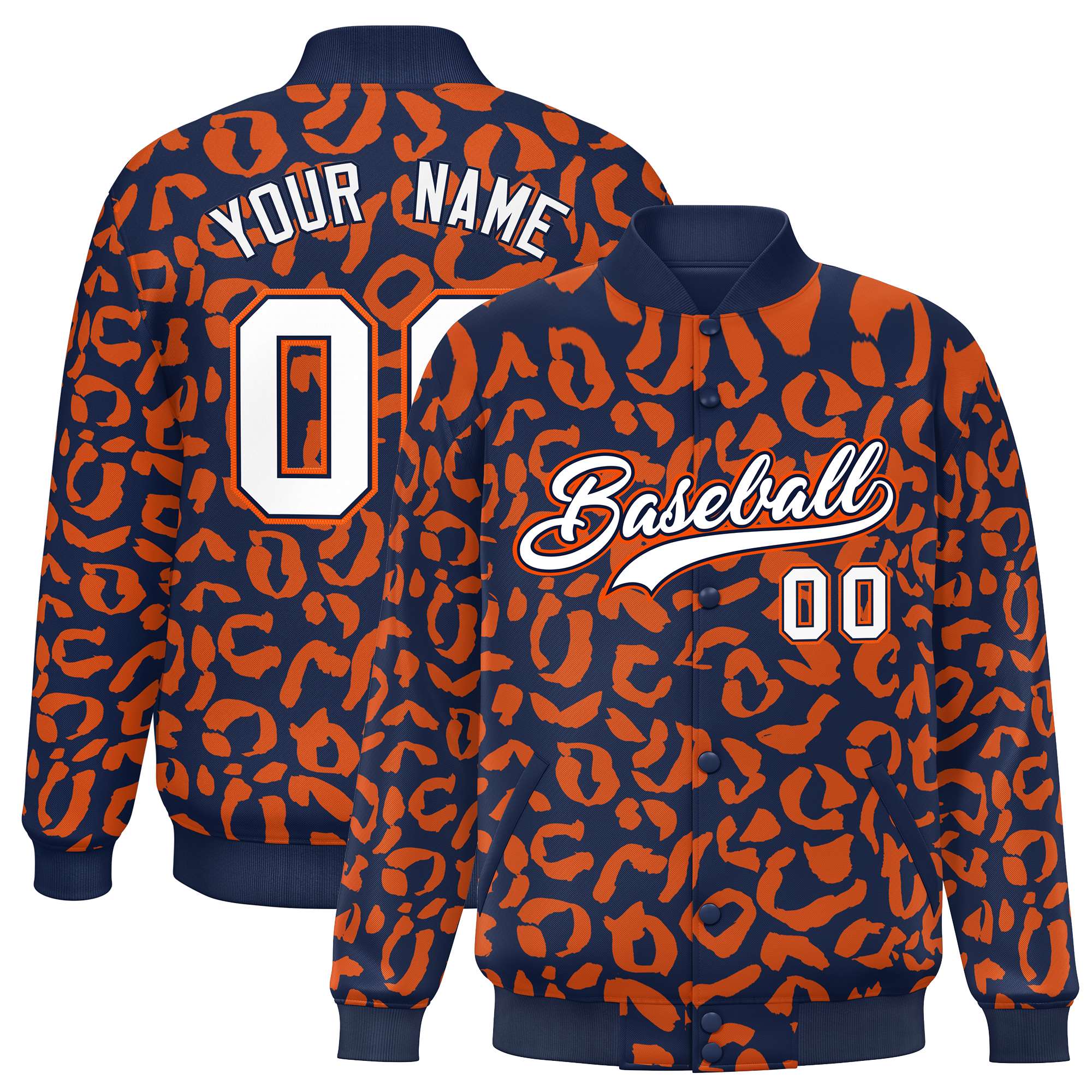 Custom Navy Orange Varsity Full-Snap Leopard Print Graffiti Pattern Letterman Baseball Jacket