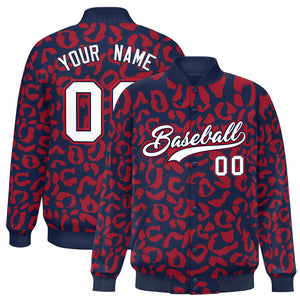 Custom Navy Red Varsity Full-Snap Leopard Print Graffiti Pattern Letterman Baseball Jacket