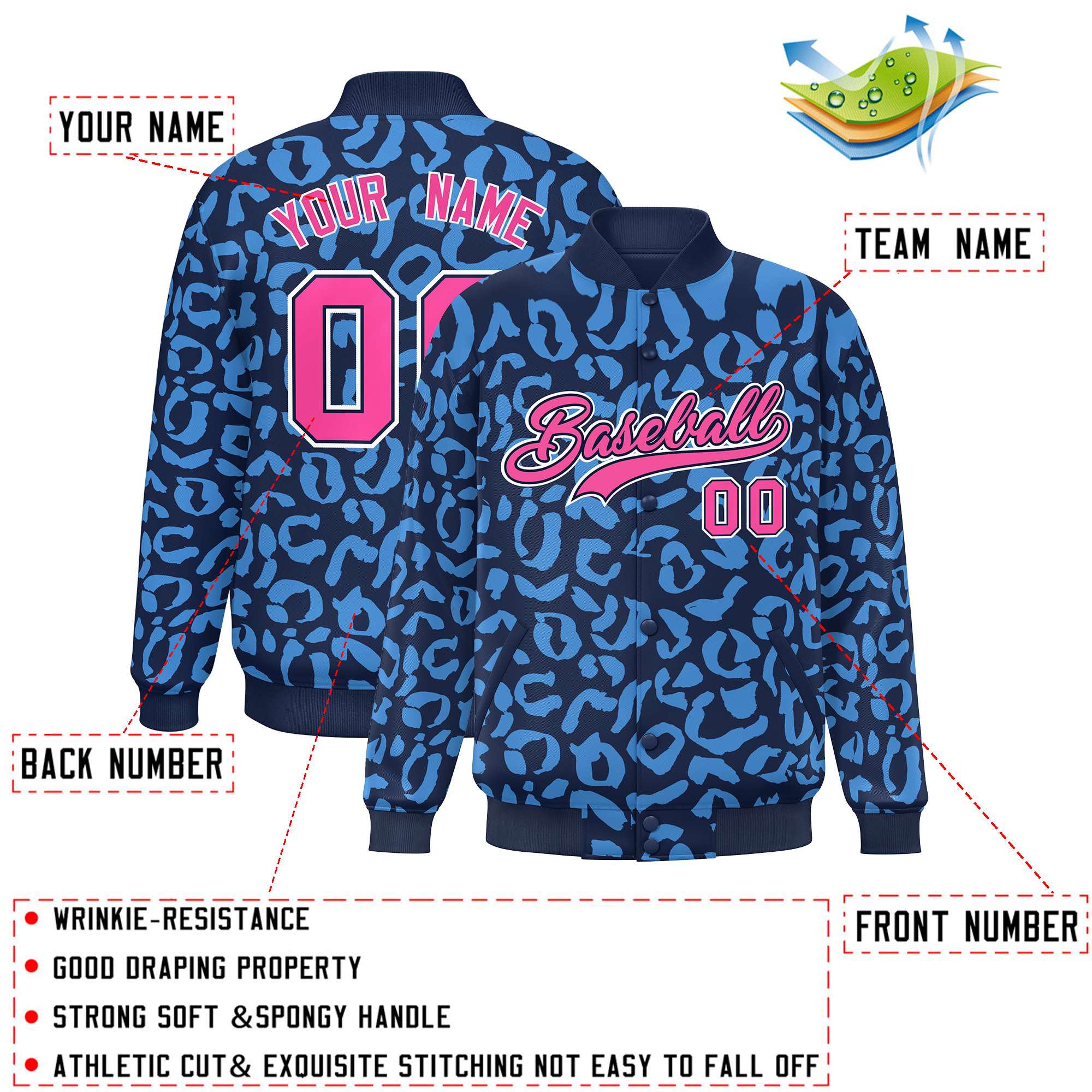 Custom Navy Powder Blue Varsity Full-Snap Leopard Print Graffiti Pattern Letterman Baseball Jacket