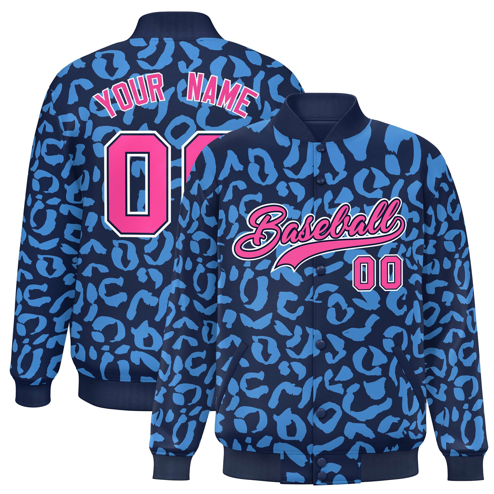 Custom Navy Powder Blue Varsity Full-Snap Leopard Print Graffiti Pattern Letterman Baseball Jacket