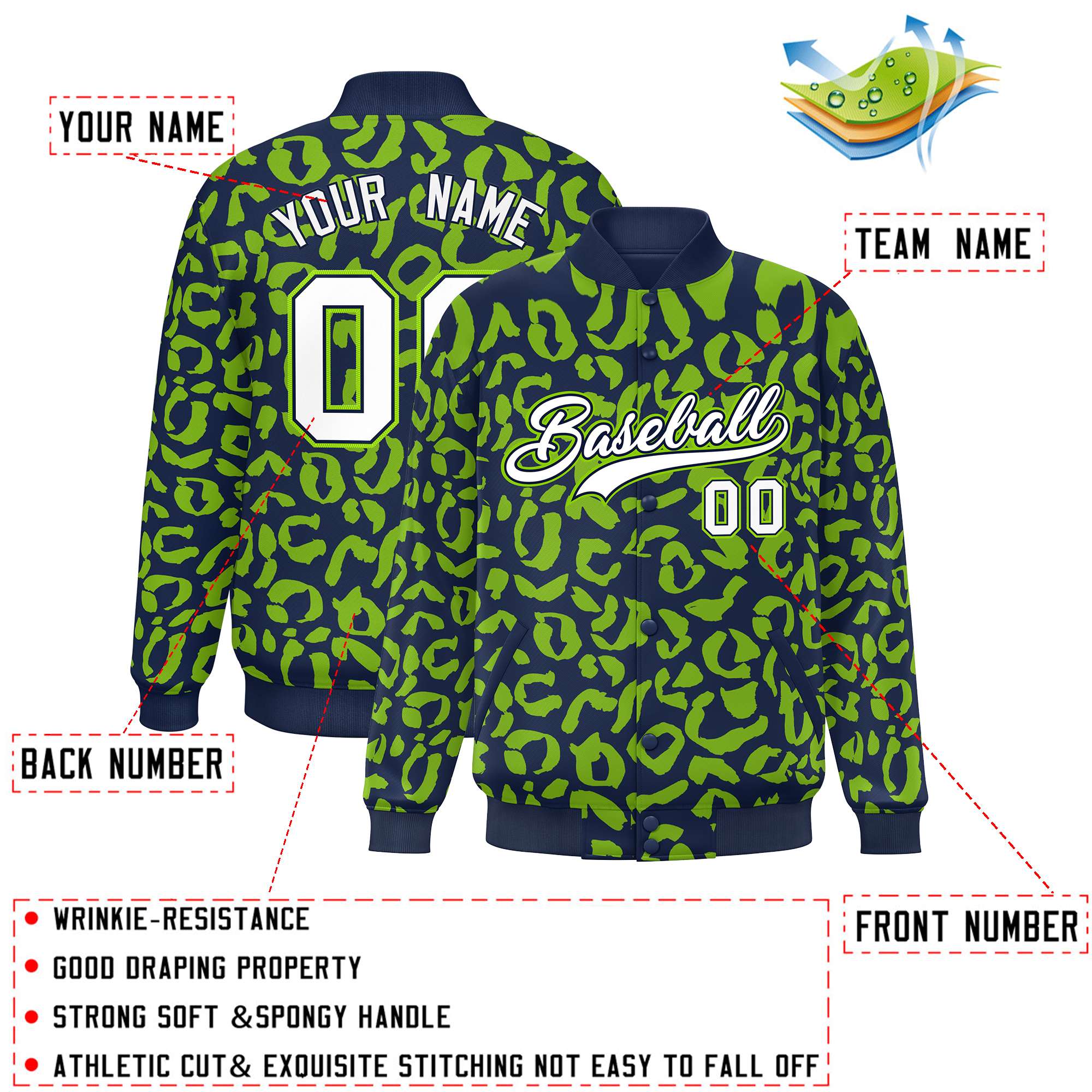 Custom Navy Neon Green Varsity Full-Snap Leopard Print Graffiti Pattern Letterman Baseball Jacket