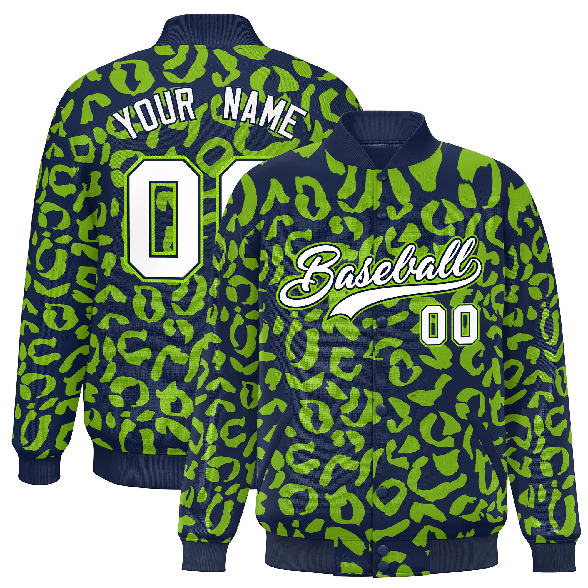 Custom Navy Neon Green Varsity Full-Snap Leopard Print Graffiti Pattern Letterman Baseball Jacket