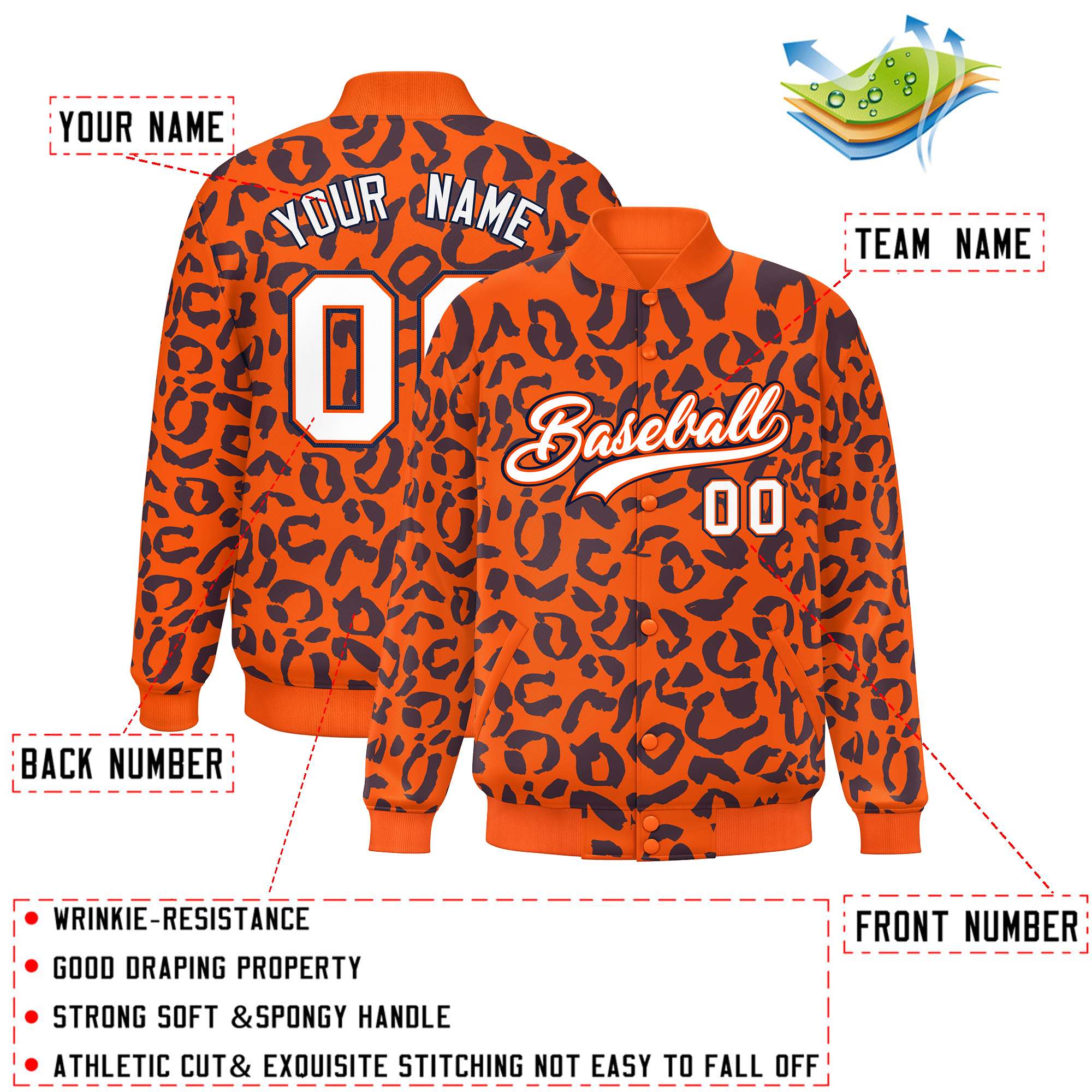 Custom Orange Navy Varsity Full-Snap Leopard Print Graffiti Pattern Letterman Baseball Jacket