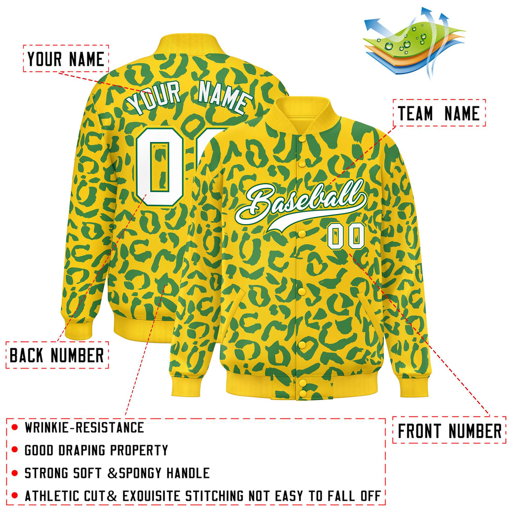 Custom Gold Kelly Green Varsity Full-Snap Leopard Print Graffiti Pattern Letterman Baseball Jacket