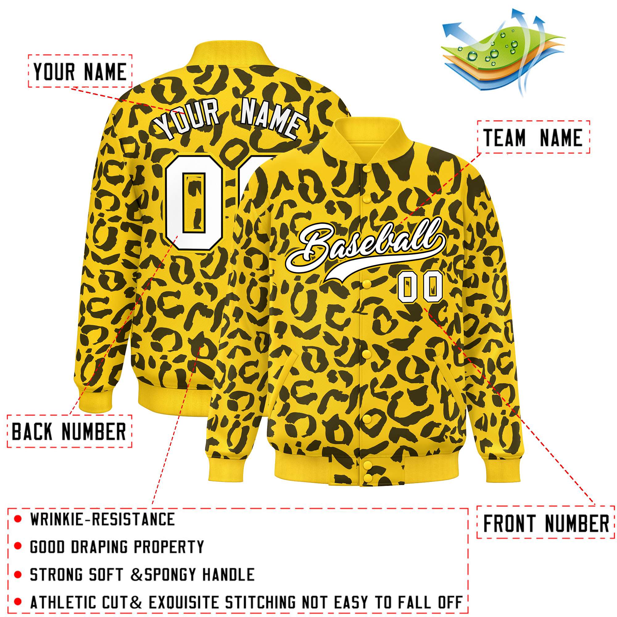 Custom Gold Black Varsity Full-Snap Leopard Print Graffiti Pattern Letterman Baseball Jacket