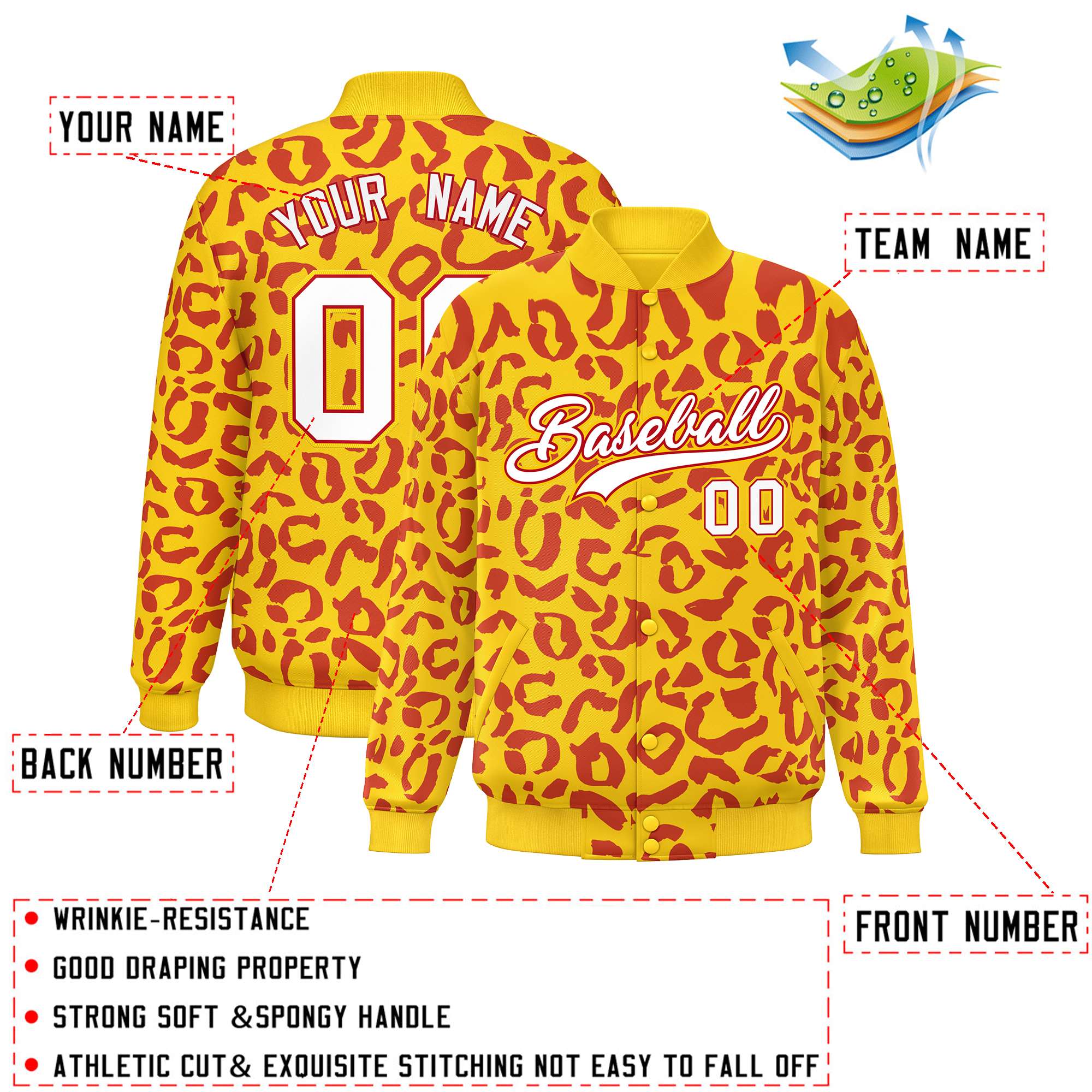 Custom Gold Red Varsity Full-Snap Leopard Print Graffiti Pattern Letterman Baseball Jacket