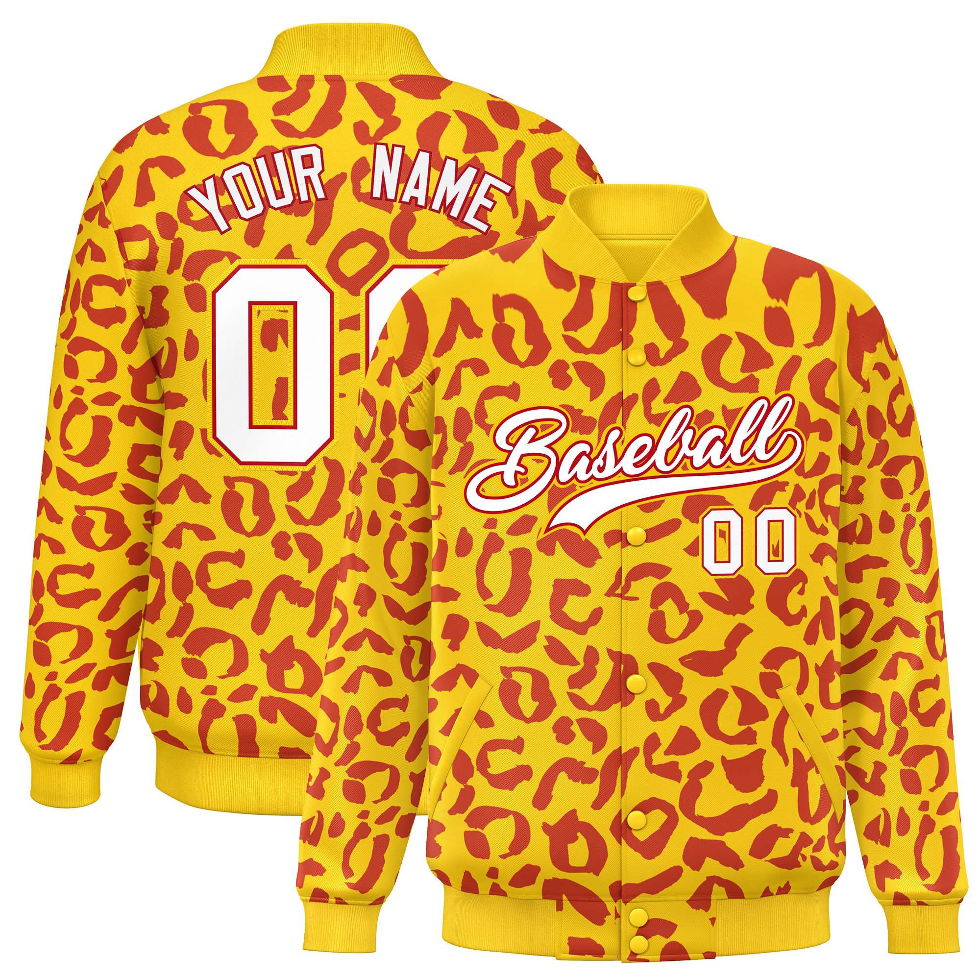 Custom Gold Red Varsity Full-Snap Leopard Print Graffiti Pattern Letterman Baseball Jacket