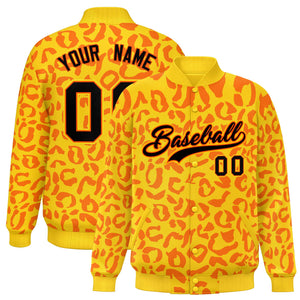 Custom Gold Orange Varsity Full-Snap Leopard Print Graffiti Pattern Letterman Baseball Jacket