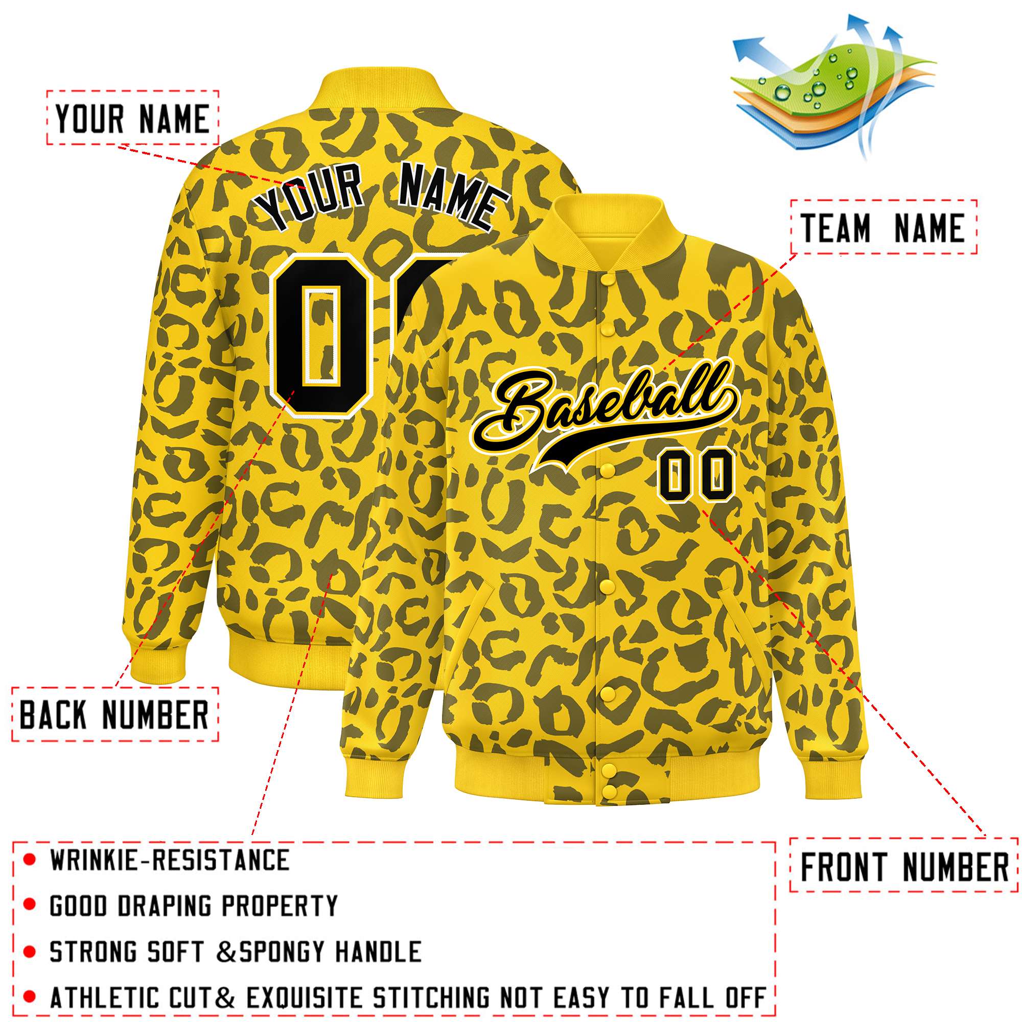 Custom Gold Black Varsity Full-Snap Leopard Print Graffiti Pattern Letterman Baseball Jacket