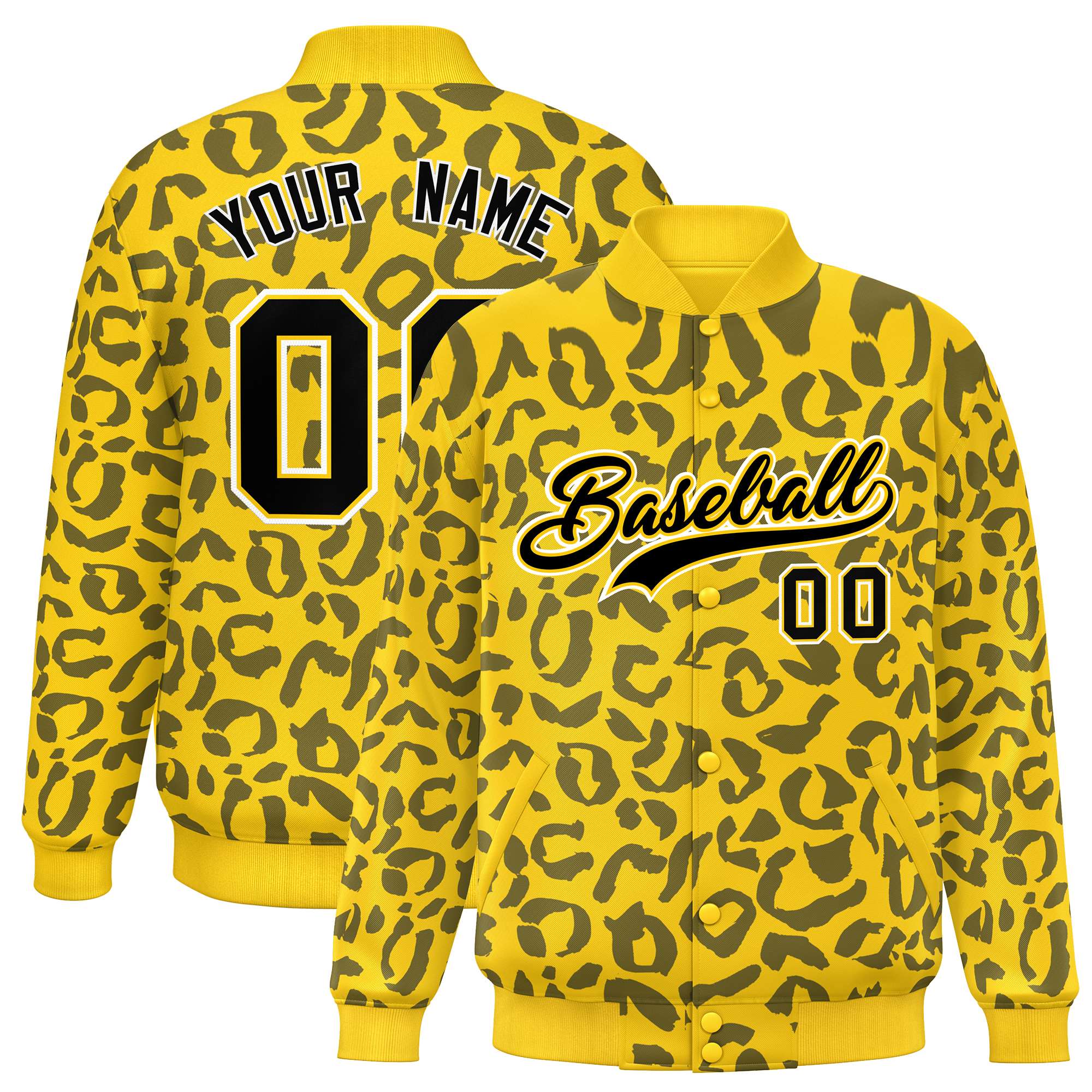 Custom Gold Black Varsity Full-Snap Leopard Print Graffiti Pattern Letterman Baseball Jacket