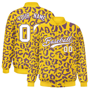 Custom Gold Purple Varsity Full-Snap Leopard Print Graffiti Pattern Letterman Baseball Jacket