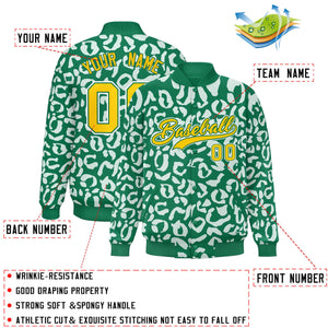 Custom Kelly Green White Varsity Full-Snap Leopard Print Graffiti Pattern Letterman Baseball Jacket