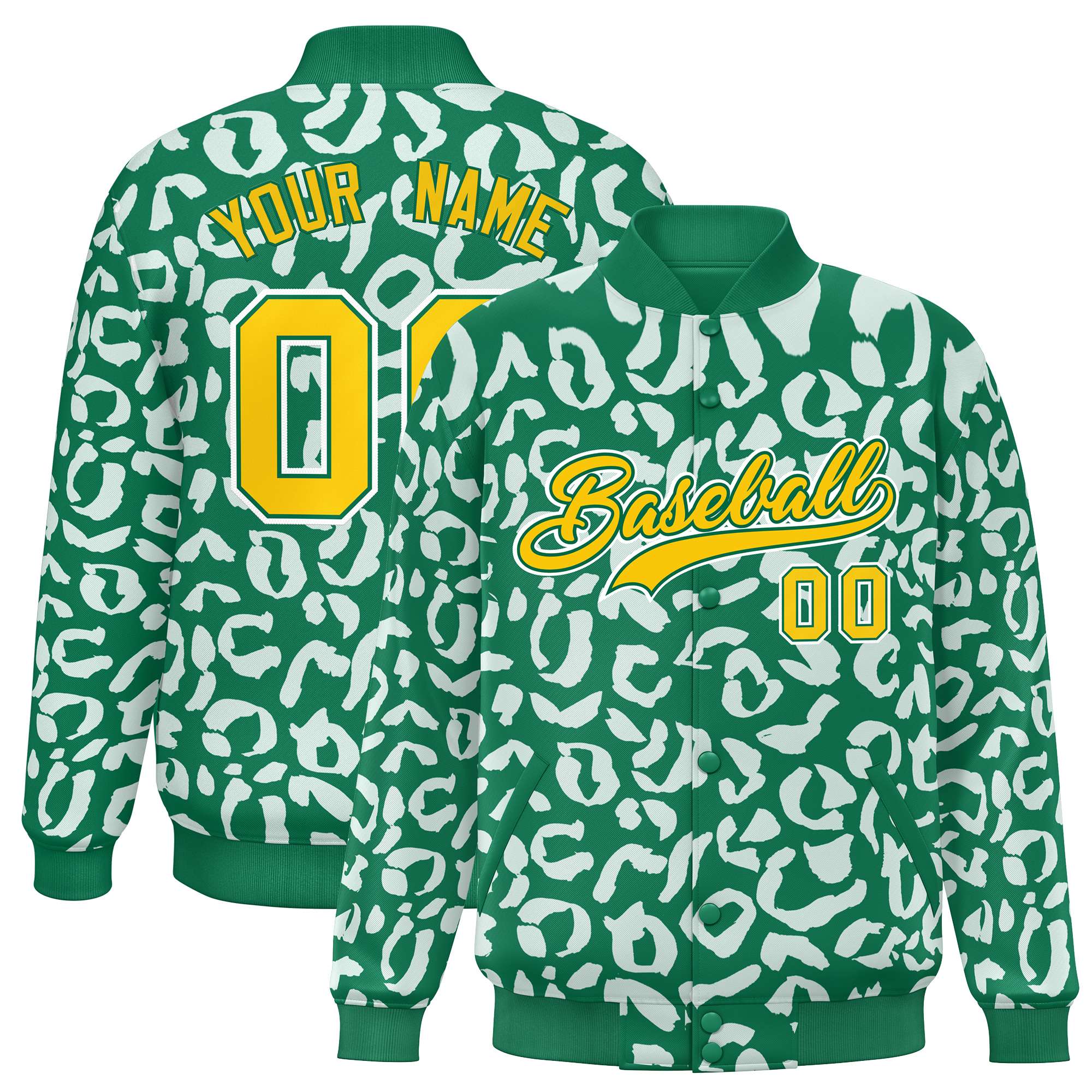 Custom Kelly Green White Varsity Full-Snap Leopard Print Graffiti Pattern Letterman Baseball Jacket