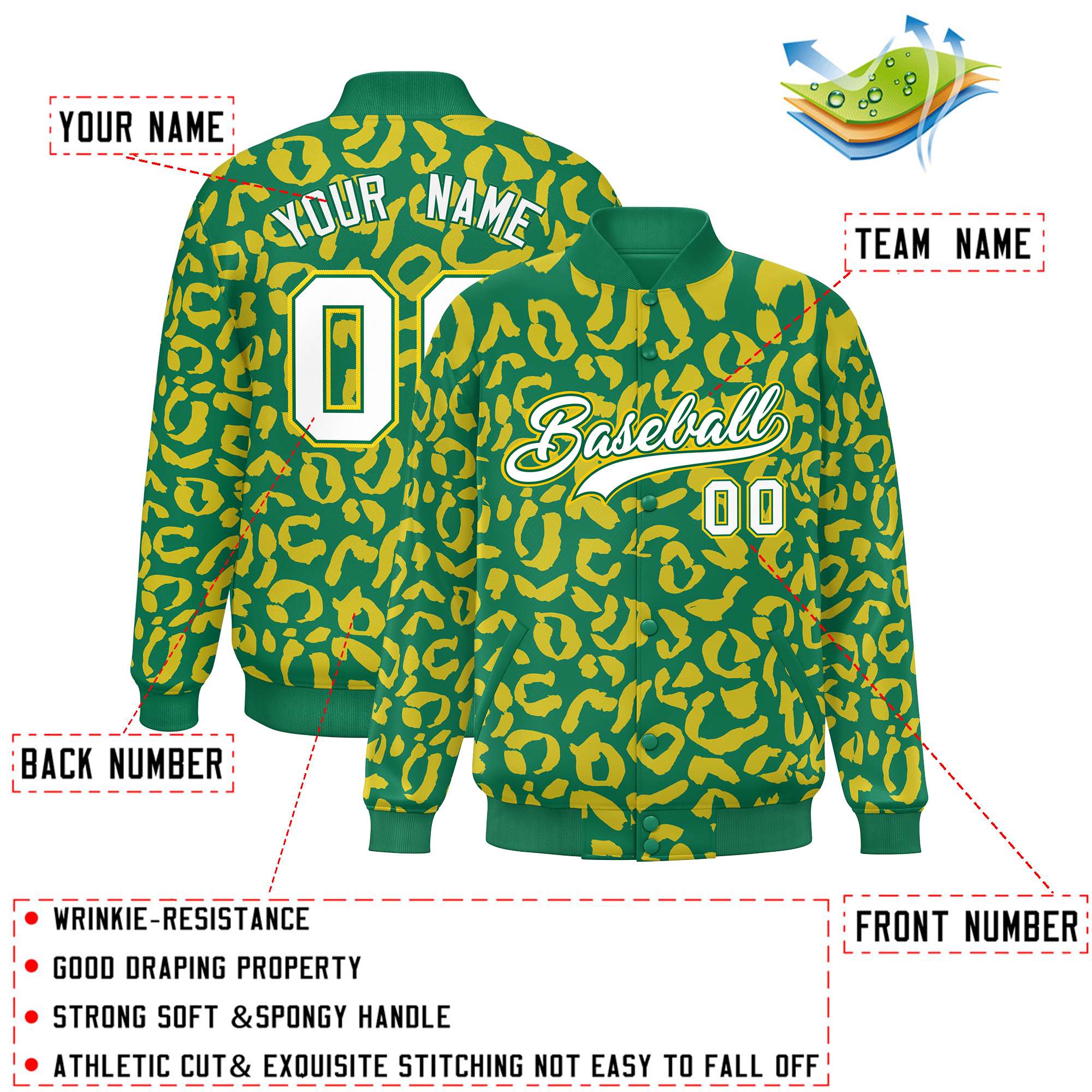 Custom Kelly Green Gold Varsity Full-Snap Leopard Print Graffiti Pattern Letterman Baseball Jacket