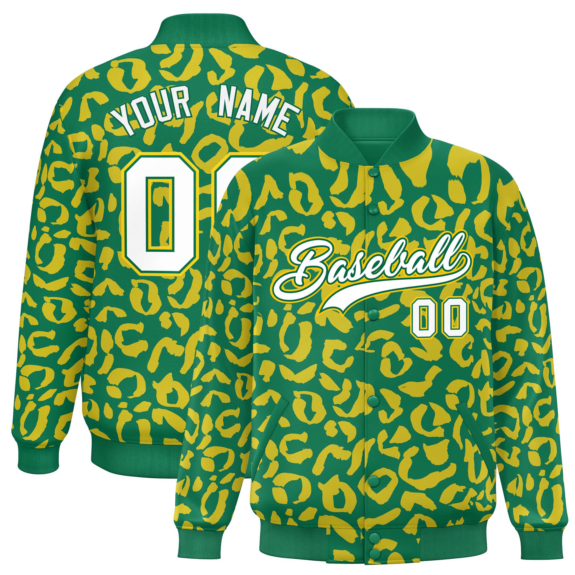 Custom Kelly Green Gold Varsity Full-Snap Leopard Print Graffiti Pattern Letterman Baseball Jacket