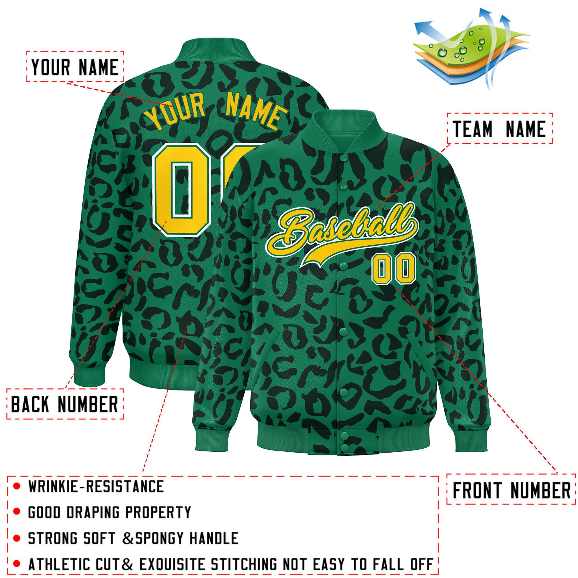 Custom Kelly Green Black Varsity Full-Snap Leopard Print Graffiti Pattern Letterman Baseball Jacket