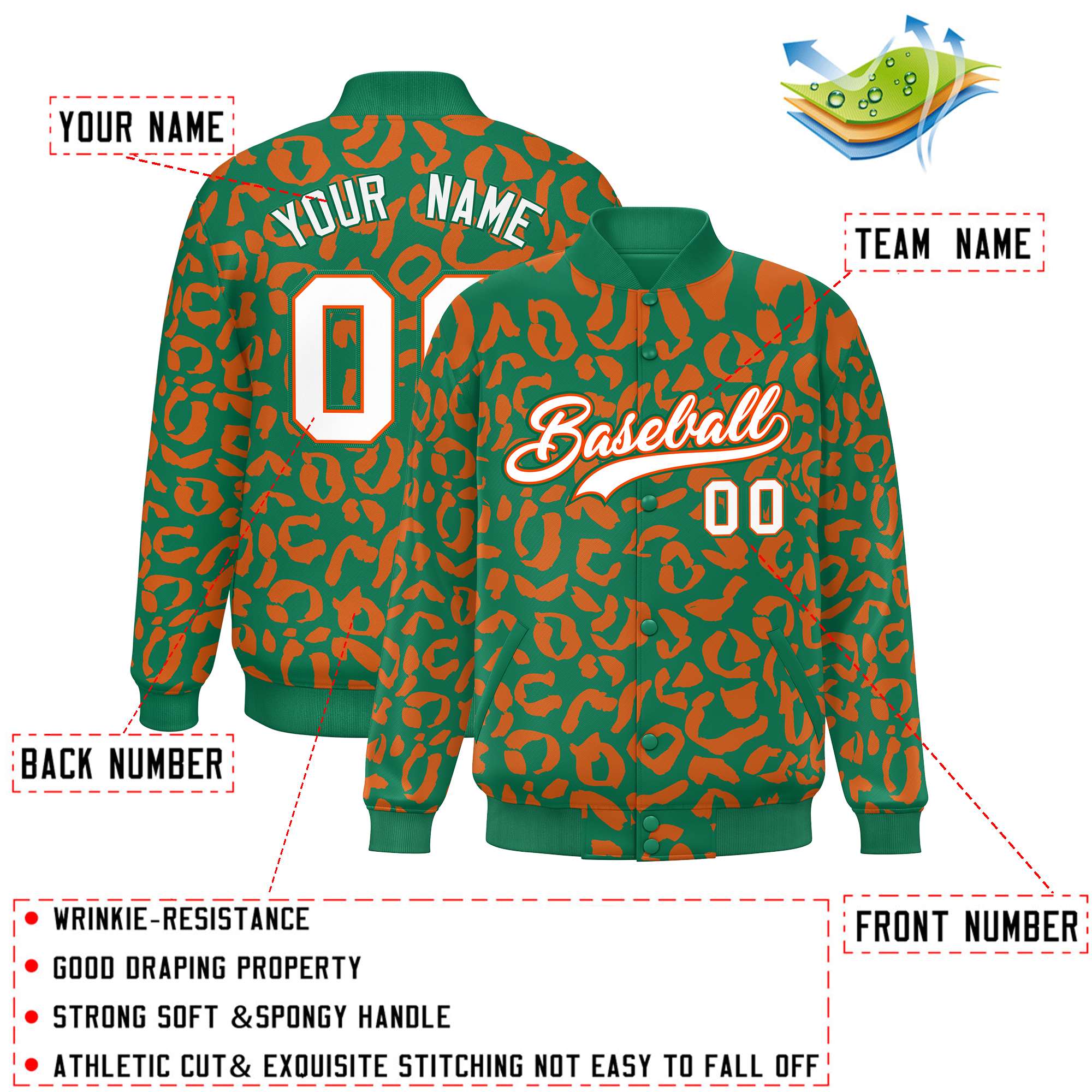 Custom Kelly Green Orange Varsity Full-Snap Leopard Print Graffiti Pattern Letterman Baseball Jacket