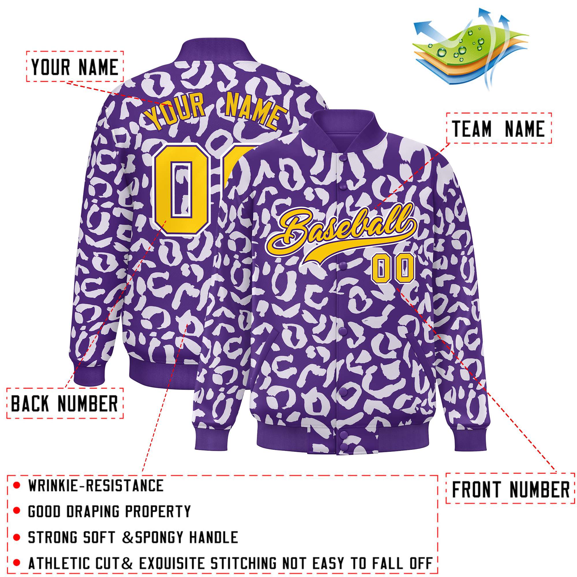 Custom Purple White Varsity Full-Snap Leopard Print Graffiti Pattern Letterman Baseball Jacket